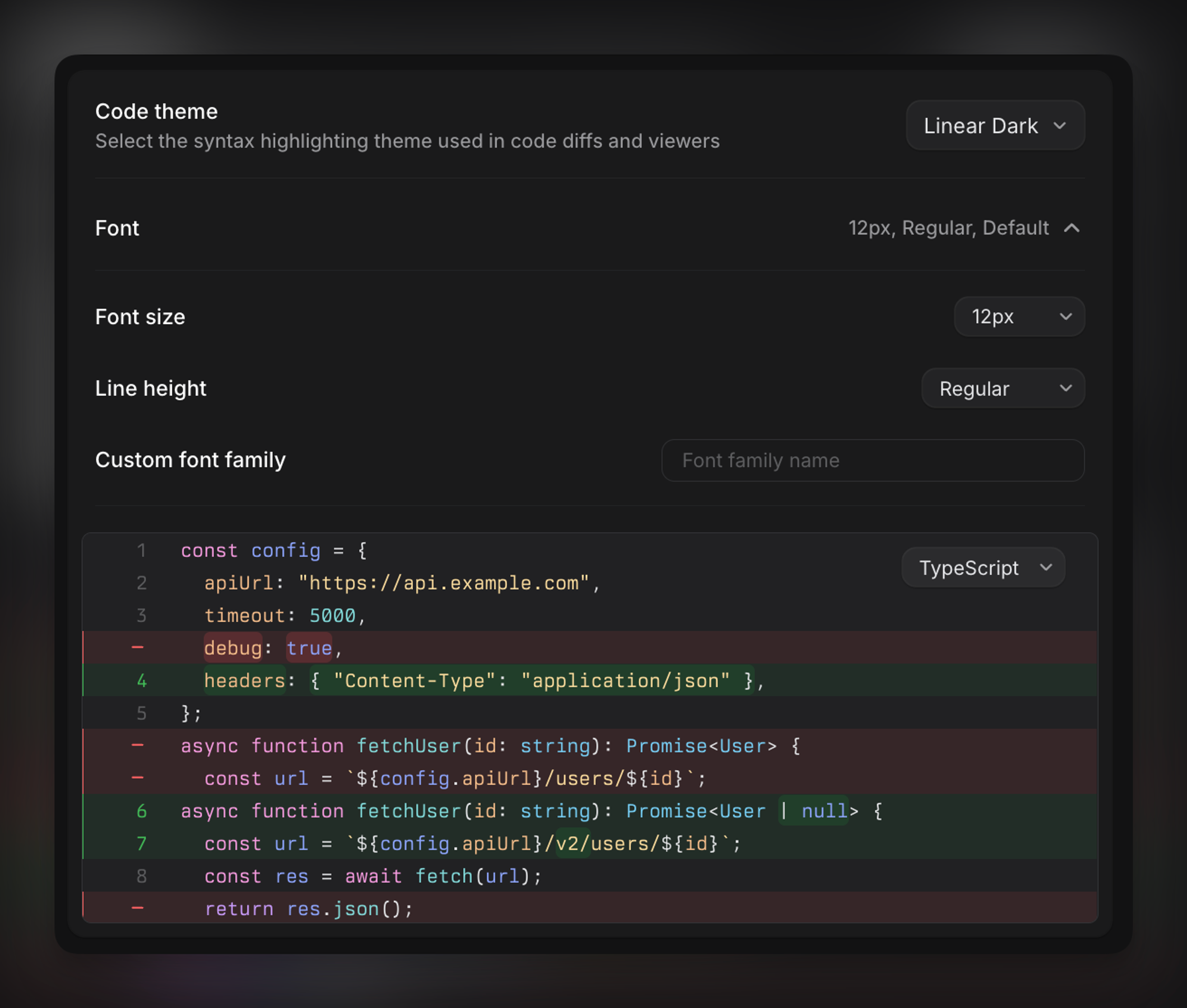 Code theme settings in Linear