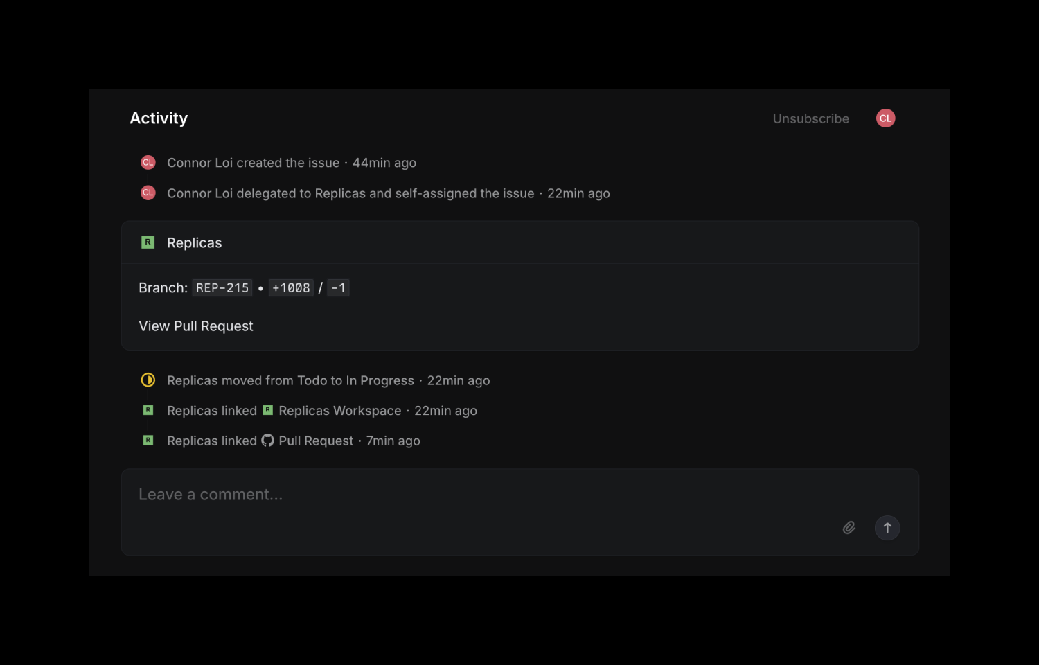 pull request created by replicas in Linear
