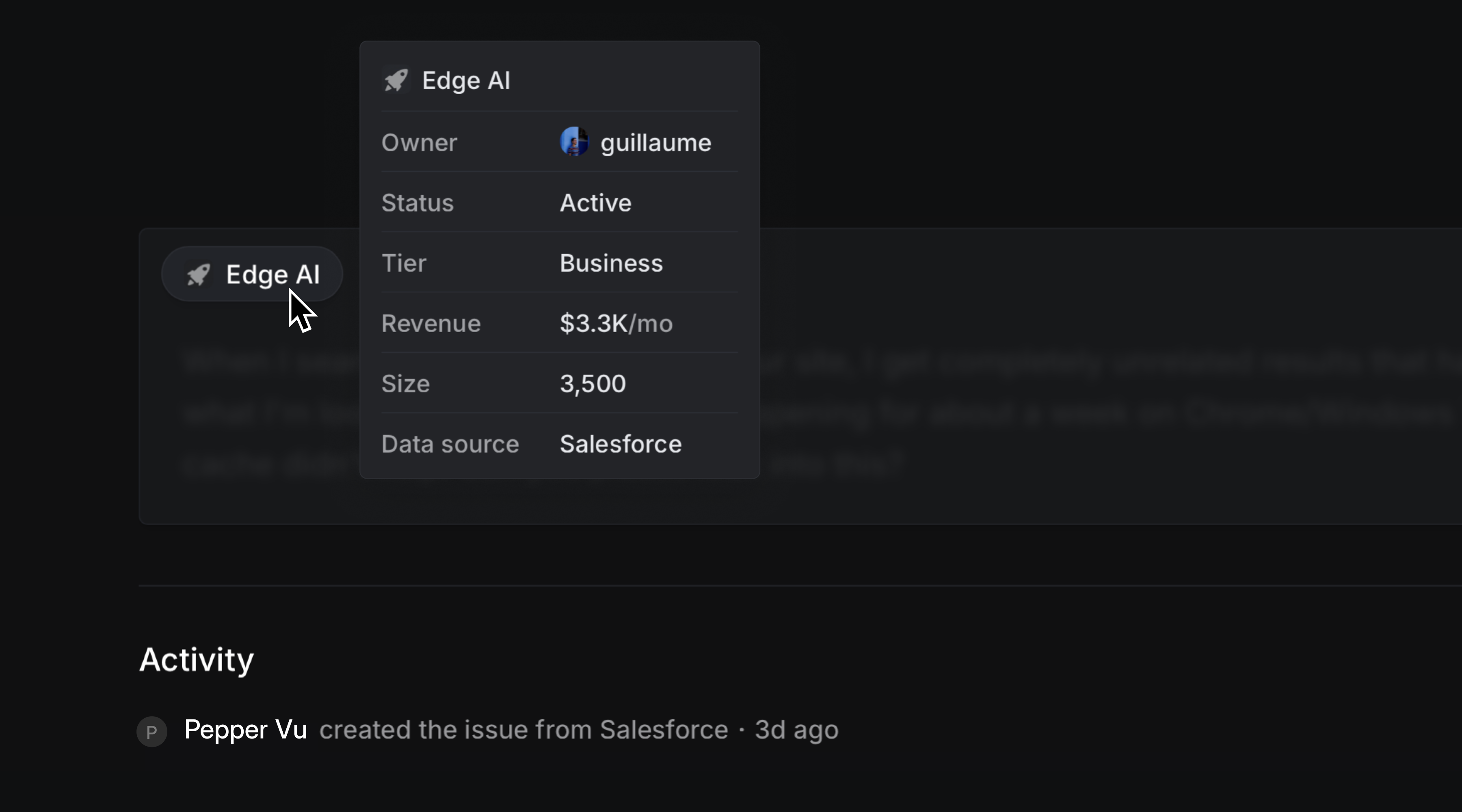Screenshot of a Linear issue with customer details expanded. Attributes like owner, status, tier, revenue, size, and data source (Salesforce) are displayed, showing synced account data alongside the issue.