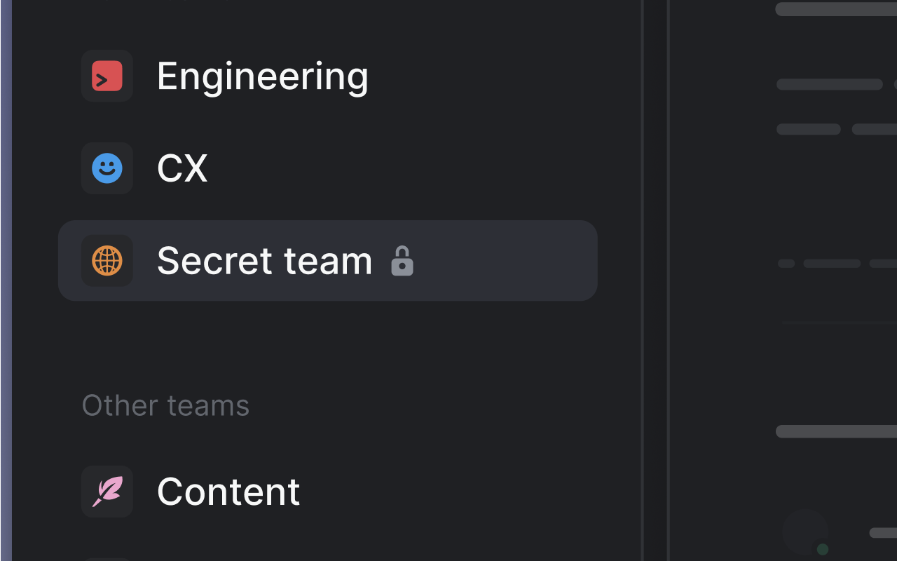 A private team called "Secret team" in the Linear sidebar, with a lock icon.