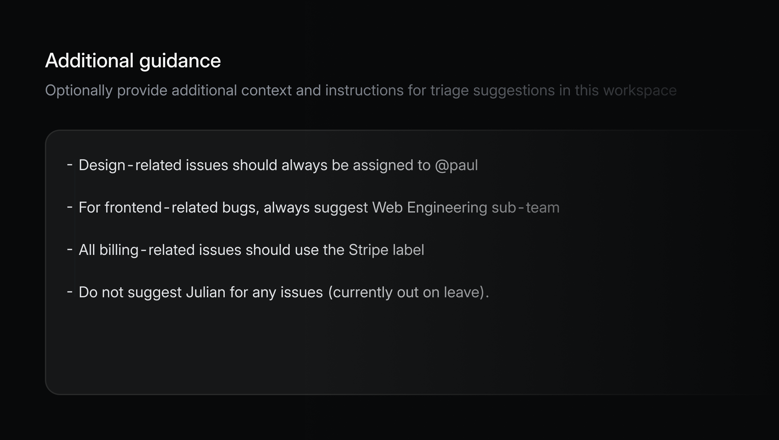 A screenshot of the Additional Guidance settings page in Product Intelligence.