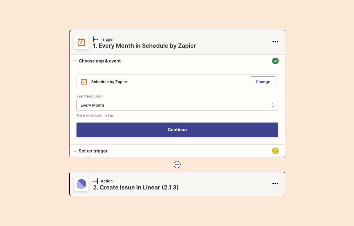 Connecting Zapier's "Every month in Schedule" trigger to create a Linear issue