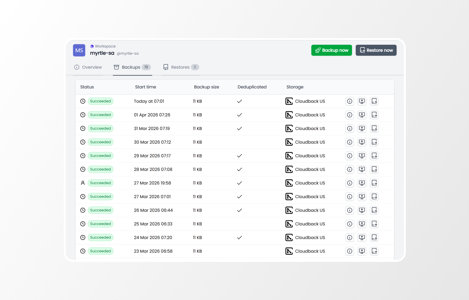 Full backup history with download and one-click restore