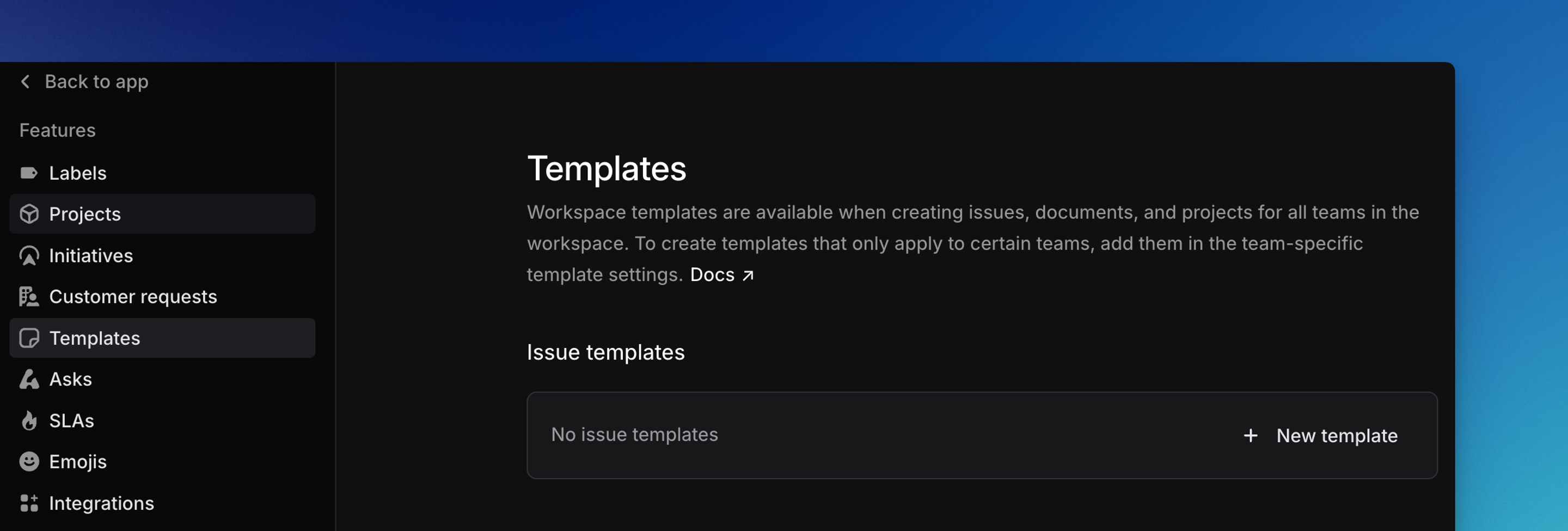 The settings page for Templates showing a button on how to create a template