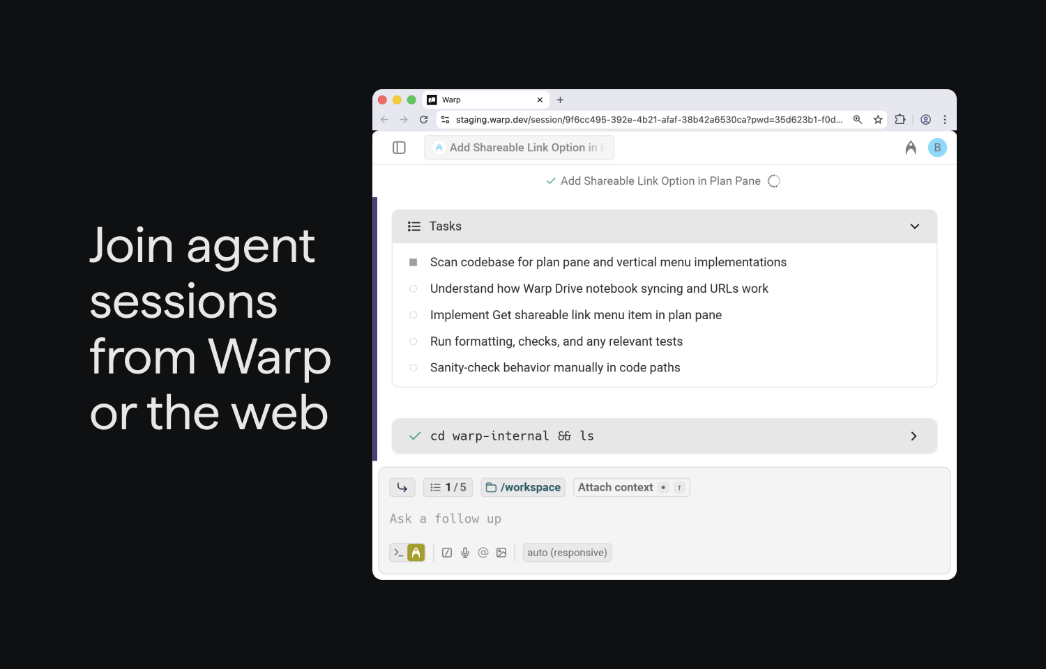 Joining agent sessions from Warp
