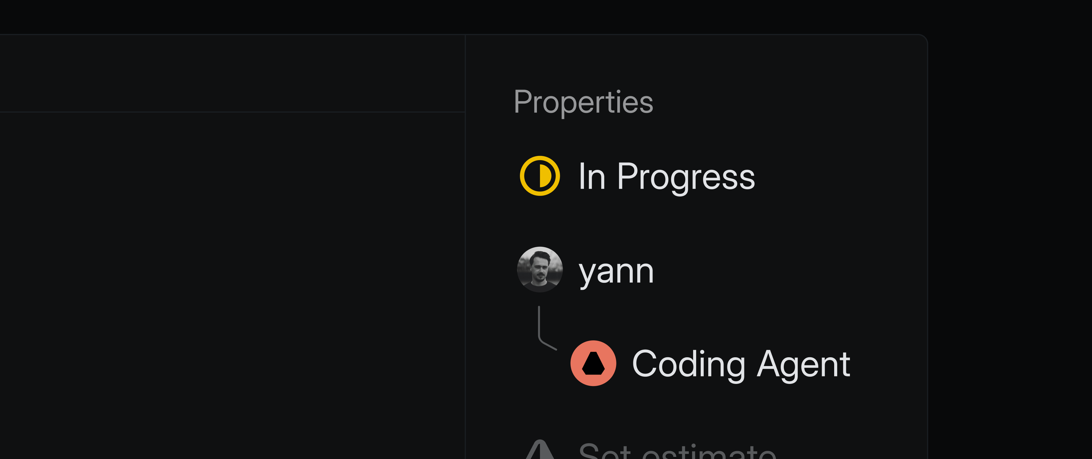 View of issue sidebar showing the assignee and then the agent under them, having been delegated to work on the issue on behalf of the user. The user remains the assignee.