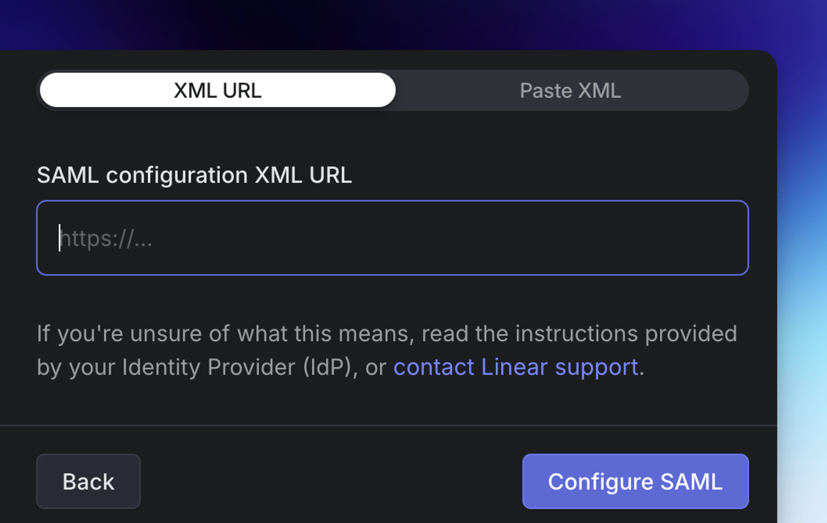 The second page of Linear's SAML Configuration steps where the XML data can be added or replaced