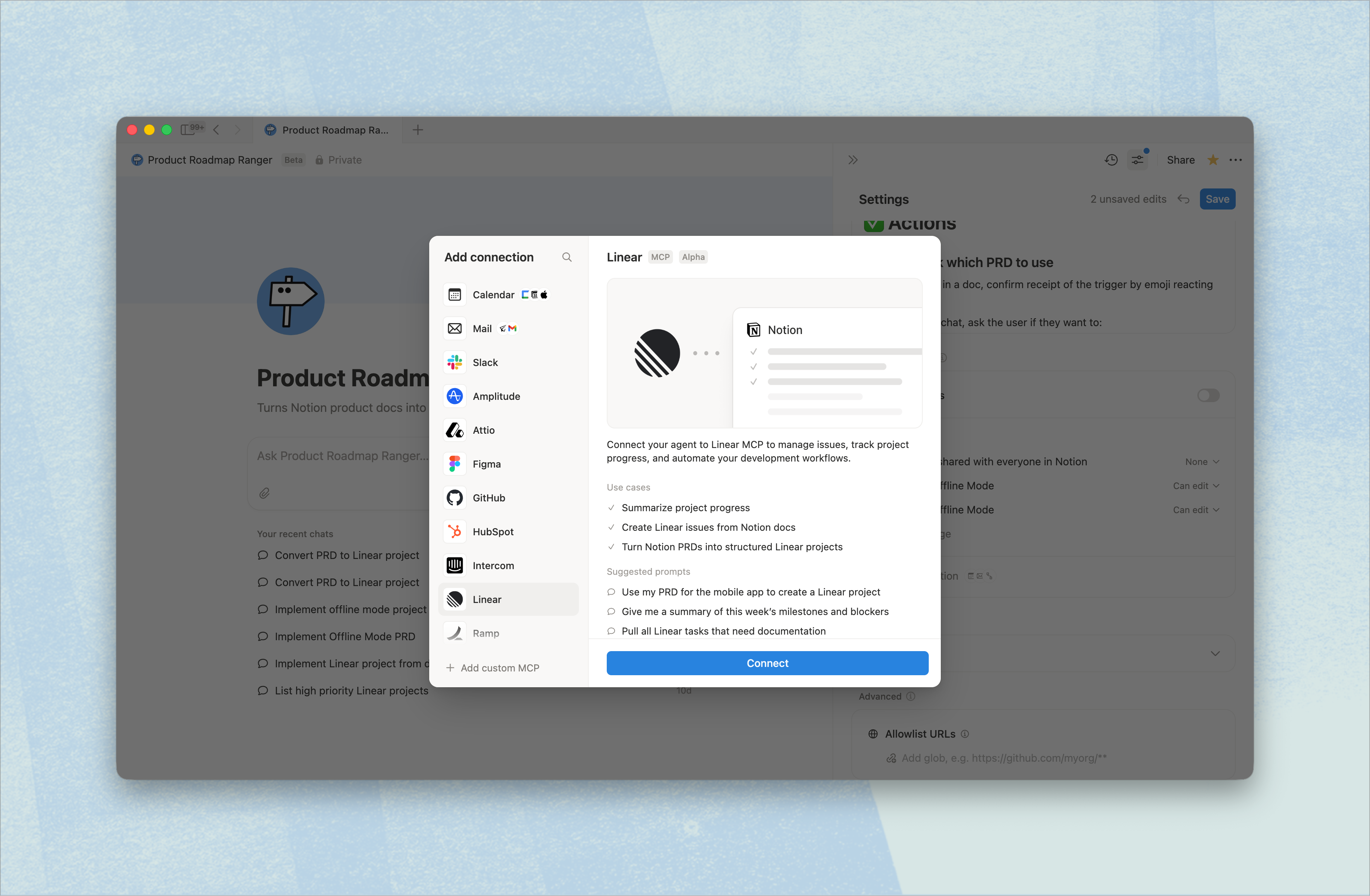Linear MCP connector settings modal in Notion