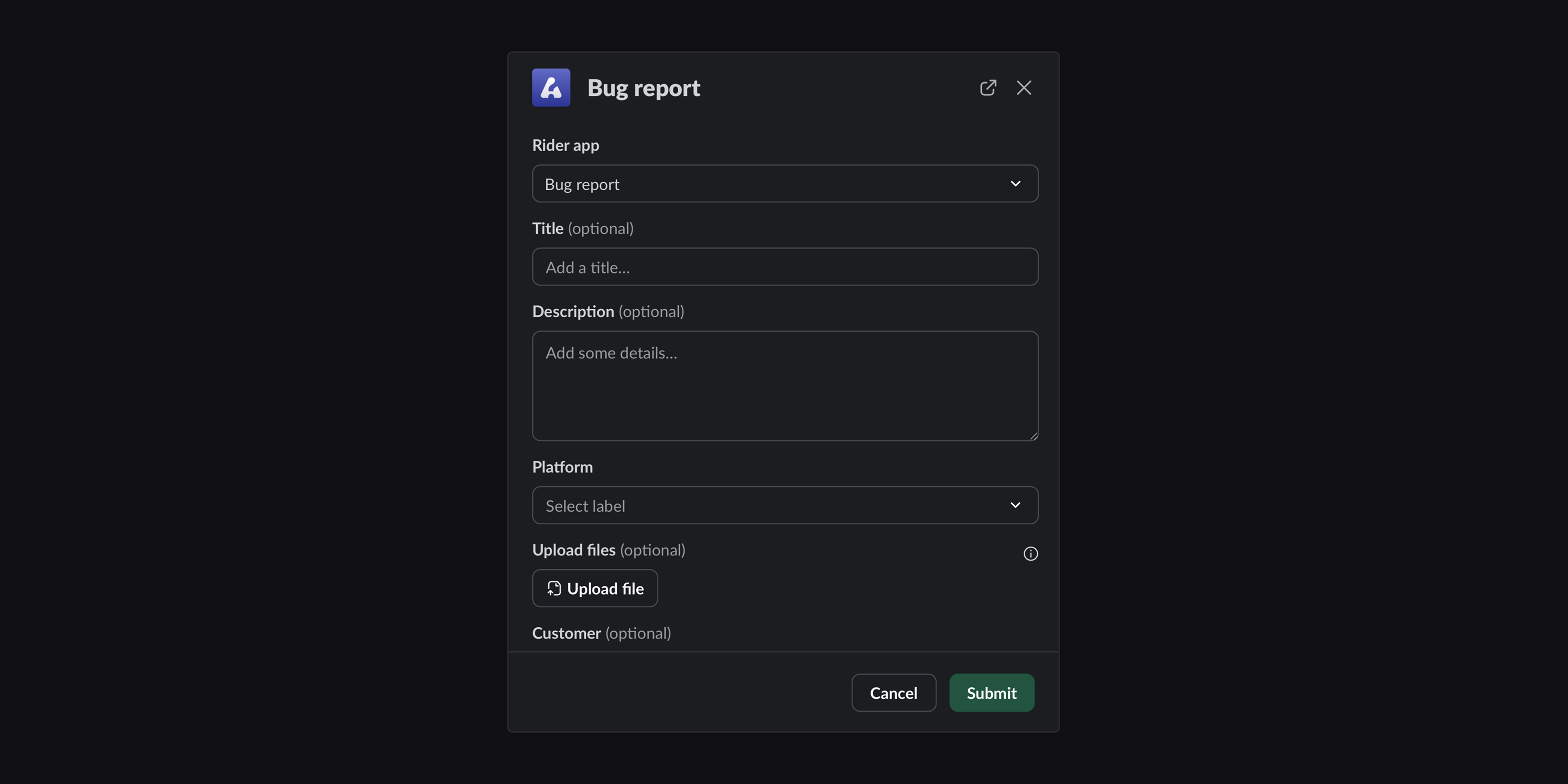 Asks form in Slack showing a customized layout with a required field for Platform (which selects a label within the platform label group) and optional fields to upload files and attach a customer to the Ask