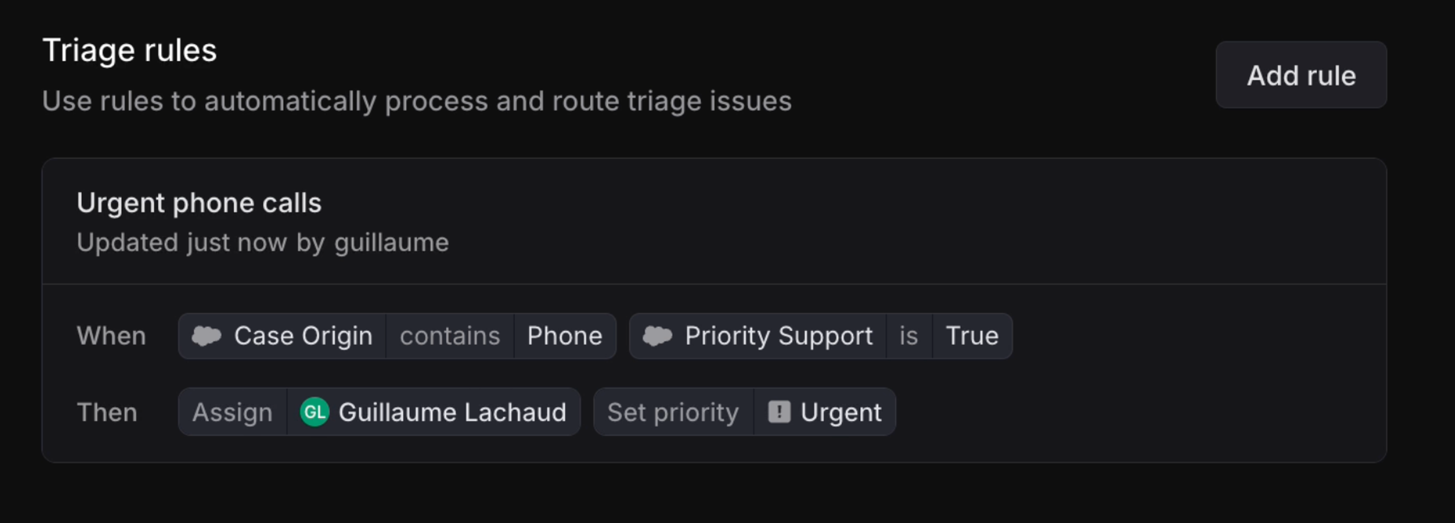 a triage rule triggered by case origin and priority support