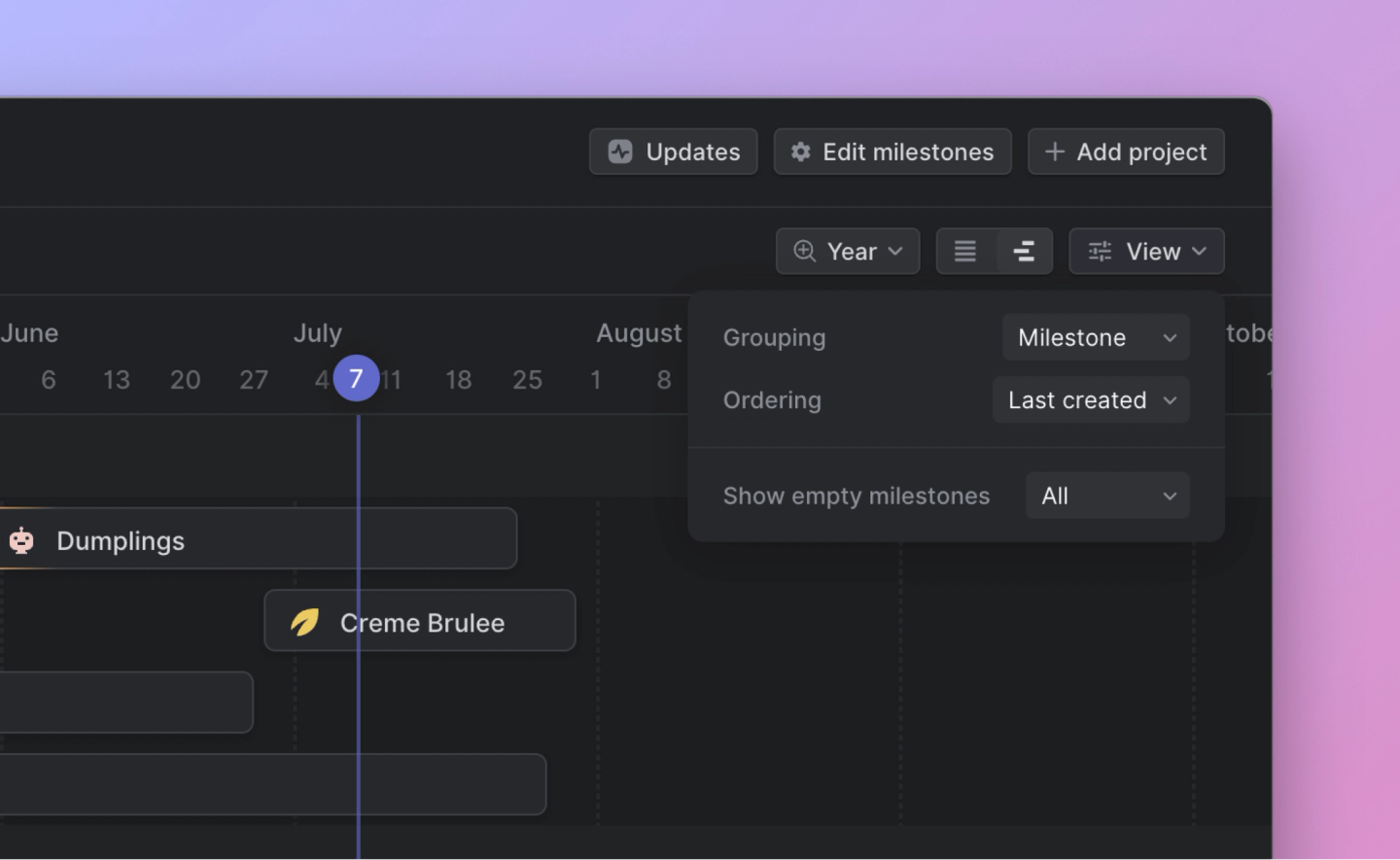 Linear app showing the view options on the projects page