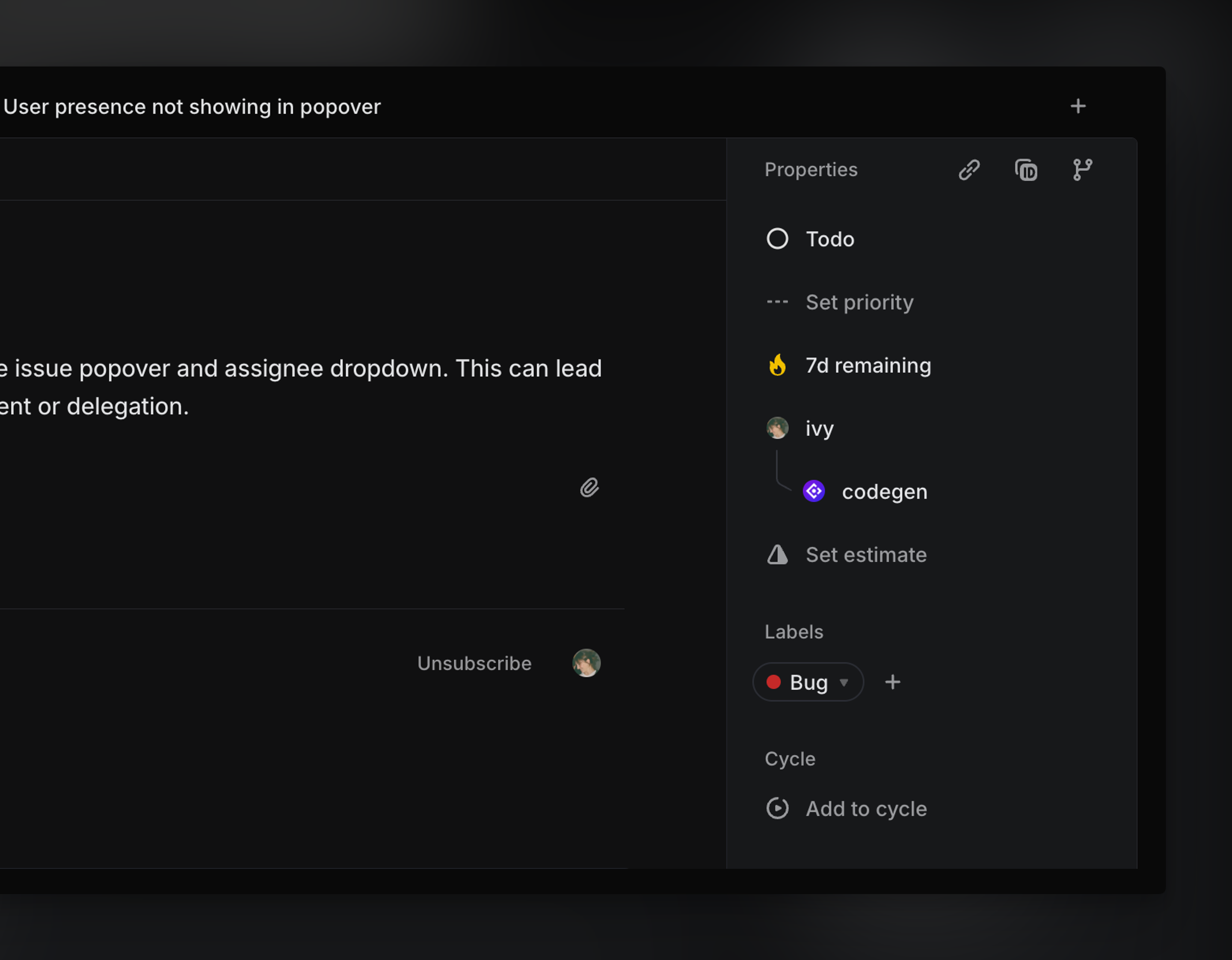 Linear issue detail view showing an issue labeled 'In Progress' assigned to a teammate and delegated to an agent, with both assignee and delegated agent avatars shown in the properties sidebar.