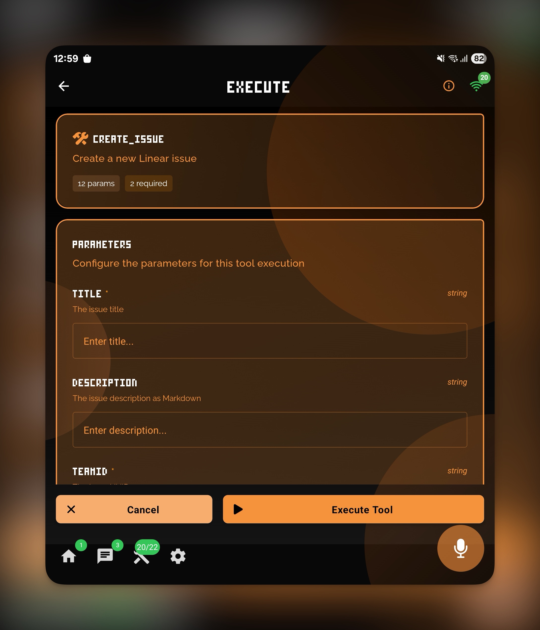 Conversation screen showing a successful function call to list_projects in Linear, with one item returned in structured data.