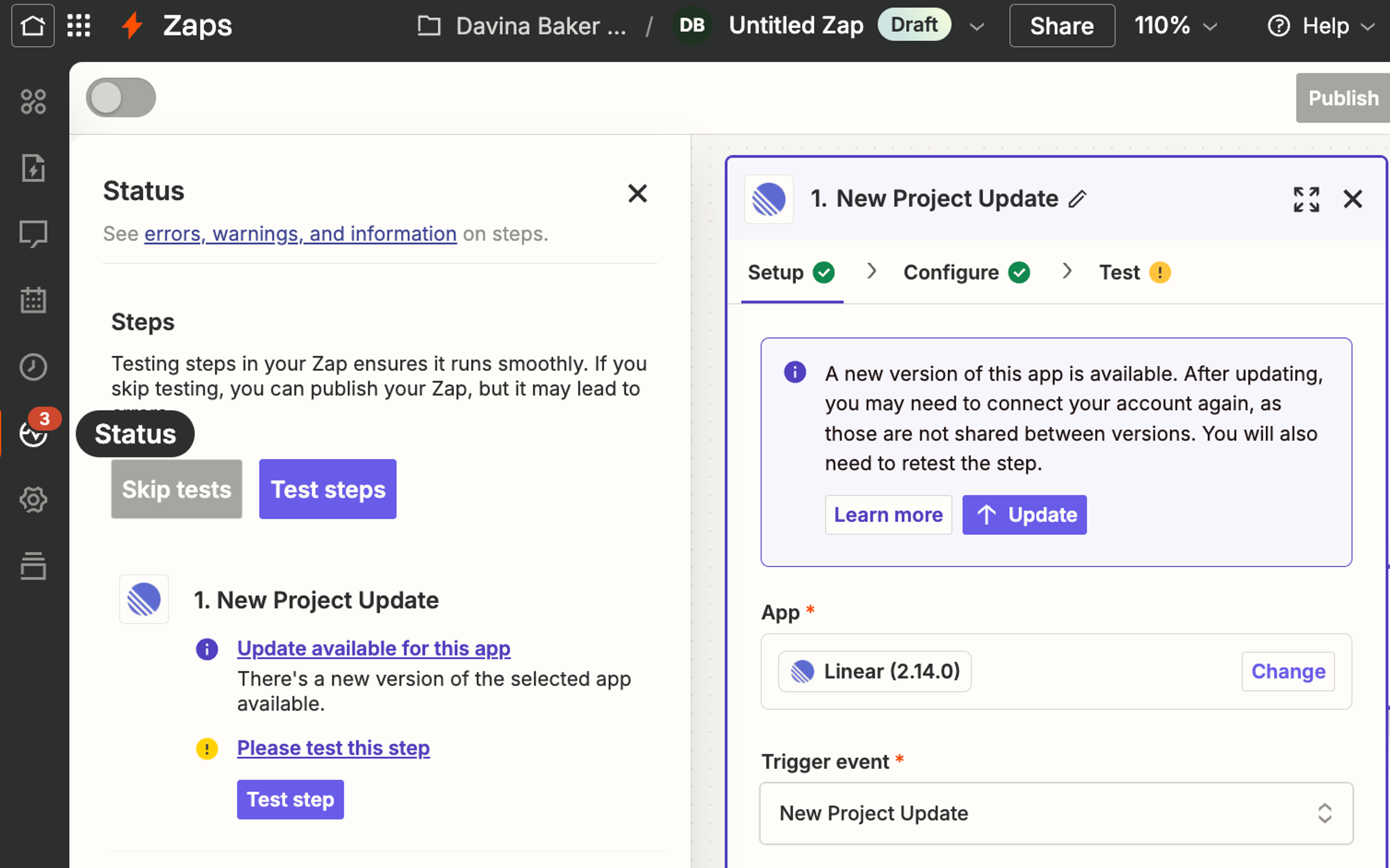status pane in zapier showing an available update for Linear
