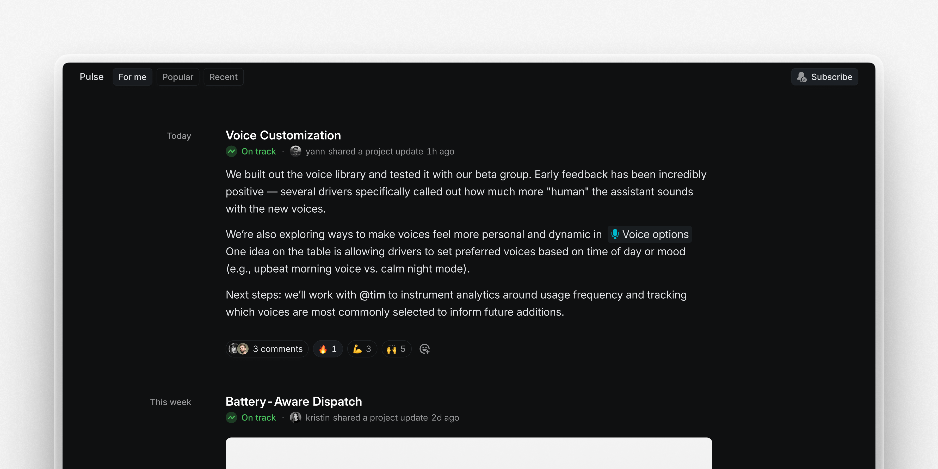 Pulse feed showing updates from the Voice customization project and Battery-Aware Dispatch project. There are comments and emoji reactions on the project update and it's possible to embed images.