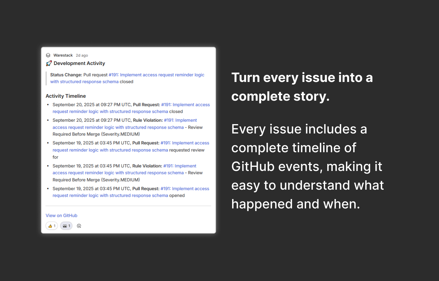 Warestack posting comments back to Linear with event history