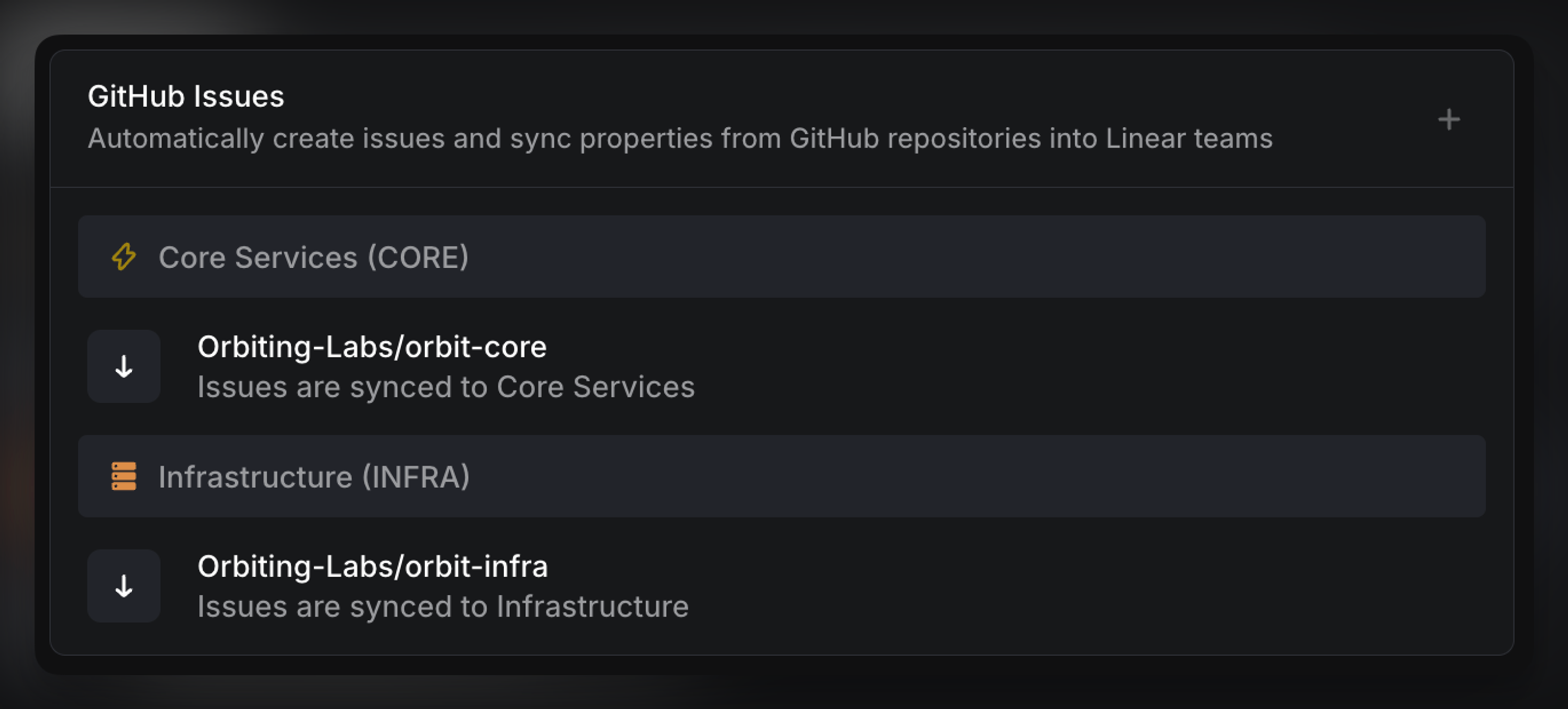 Github Issue Sync configured for two repositories, mapped to their correlated Linear teams.