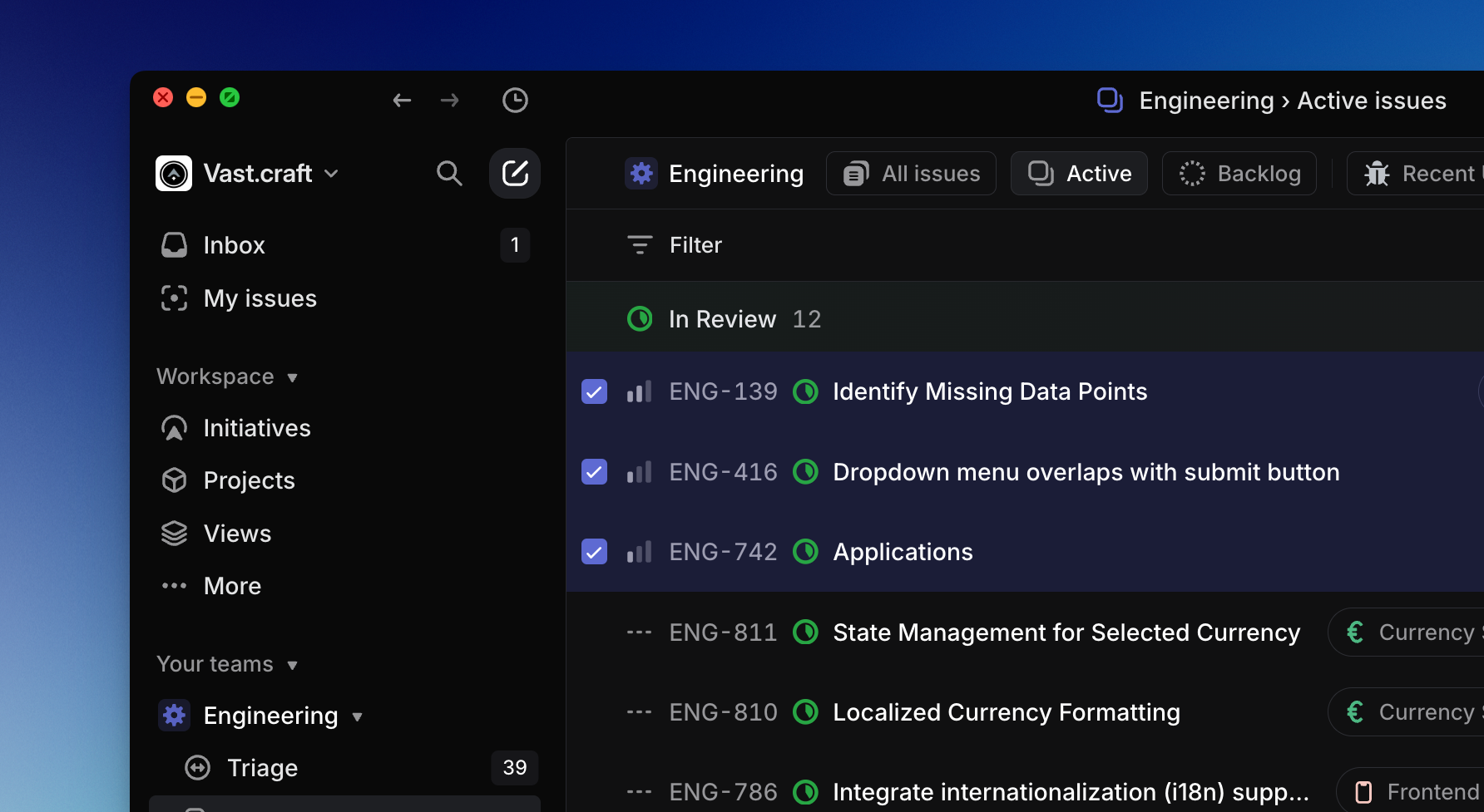 Linear app showing multiple issues selected