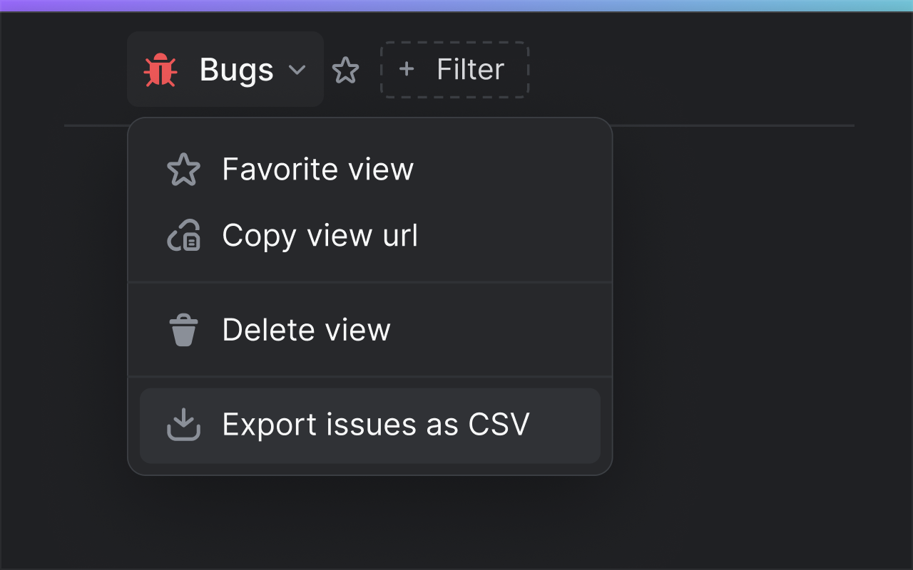 A drop down menu in a Linear view showing an option to export issues as CSV