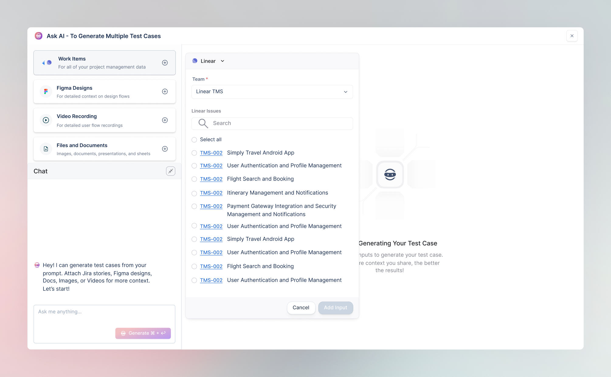 AI instantly generates test scenarios and test cases from a Linear issue