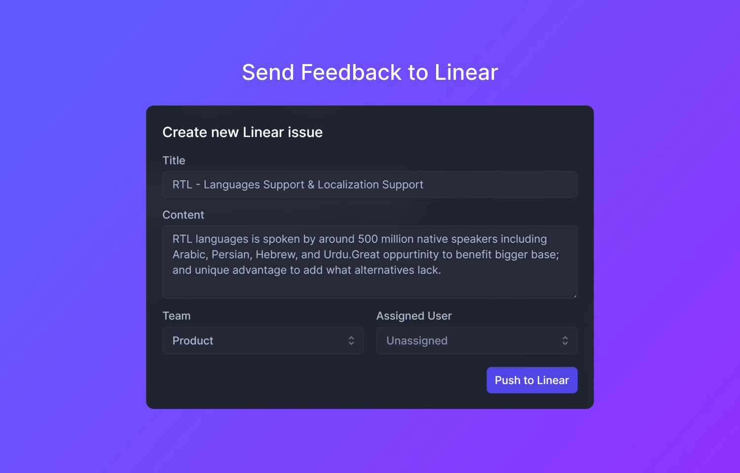 Featurebase interface showing creation of Linear issue from feedback
