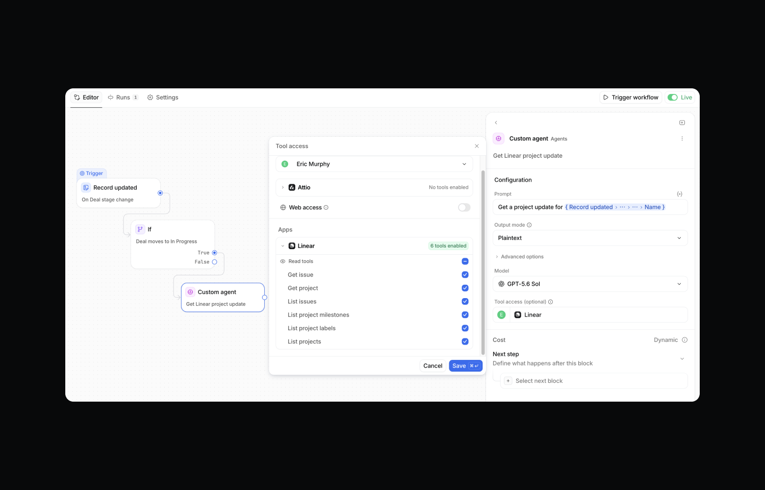 Configuring Linear MCP tools in an Attio workflow