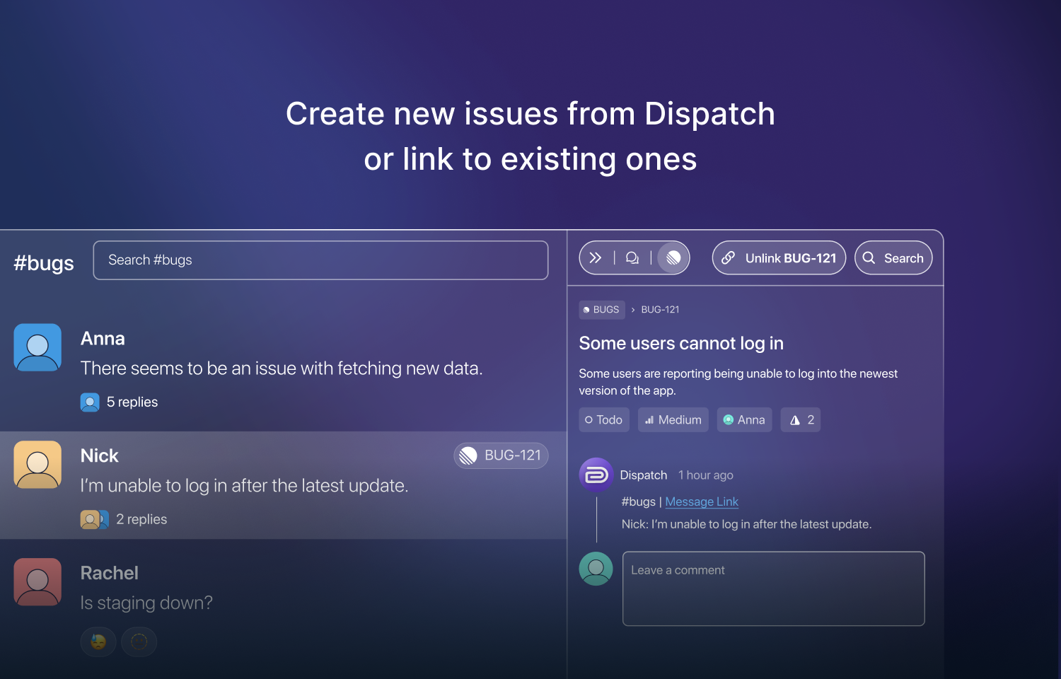 Creating new issues from Dispatch or linking to existing ones