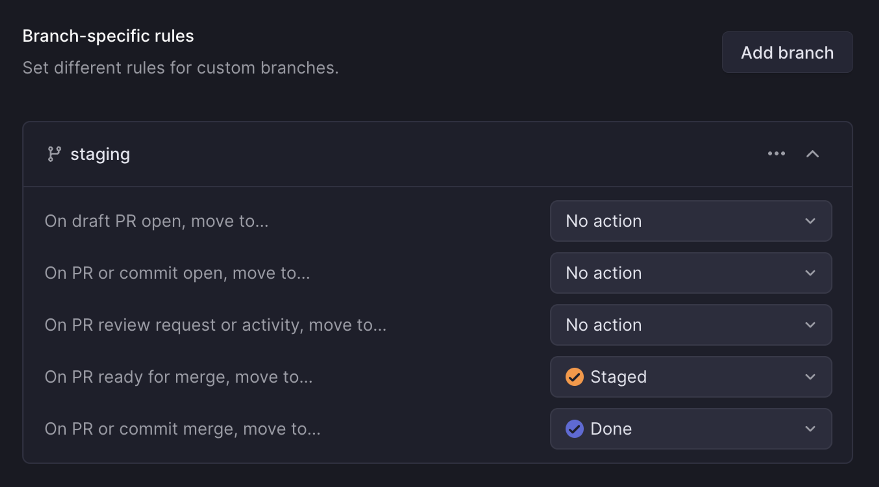 Image shows a set of default rules, rules specific to a "staging" branch.