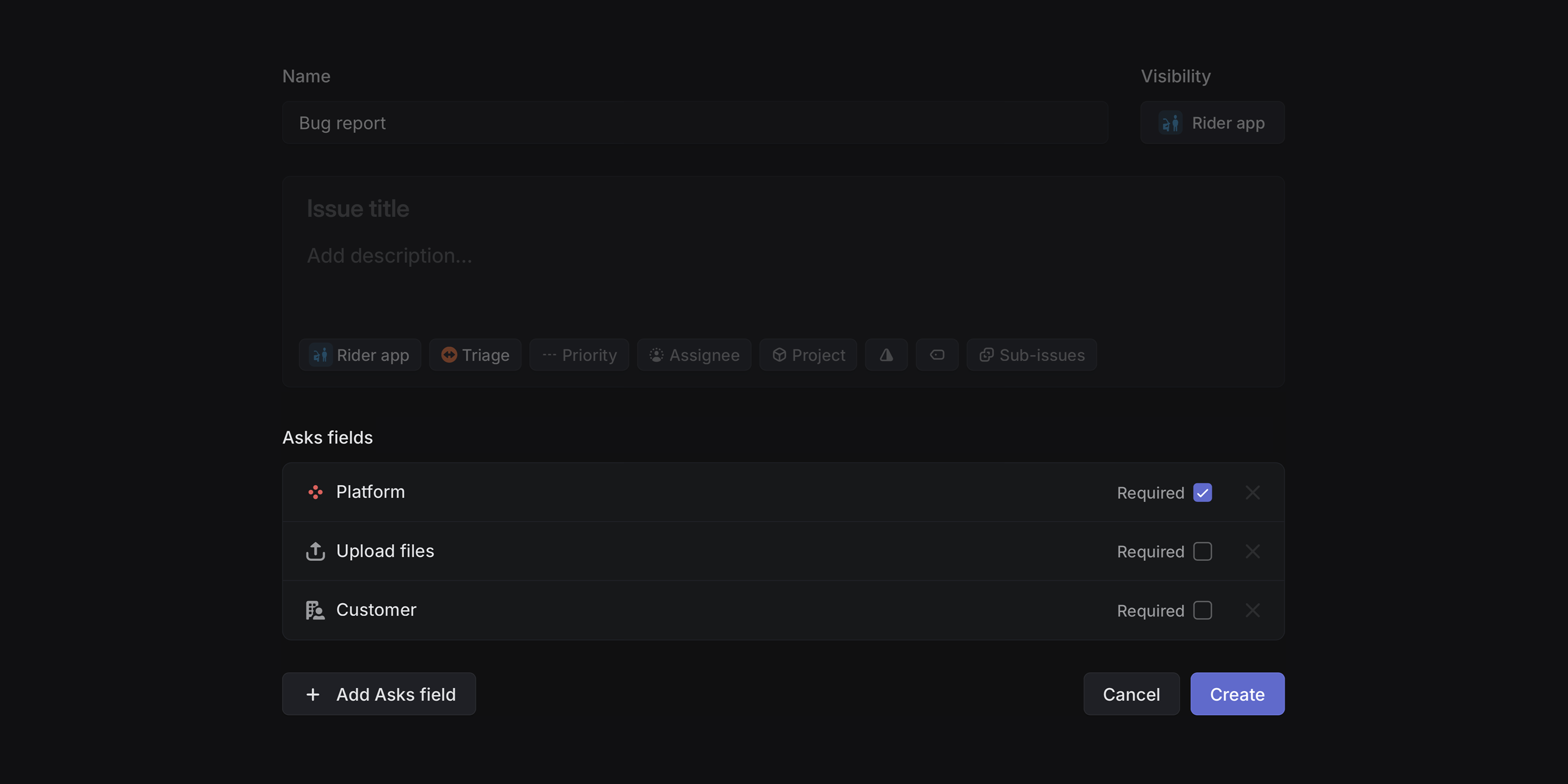 Asks template showing new Asks fields for platform, customer, and priority. The platform field is marked as required.