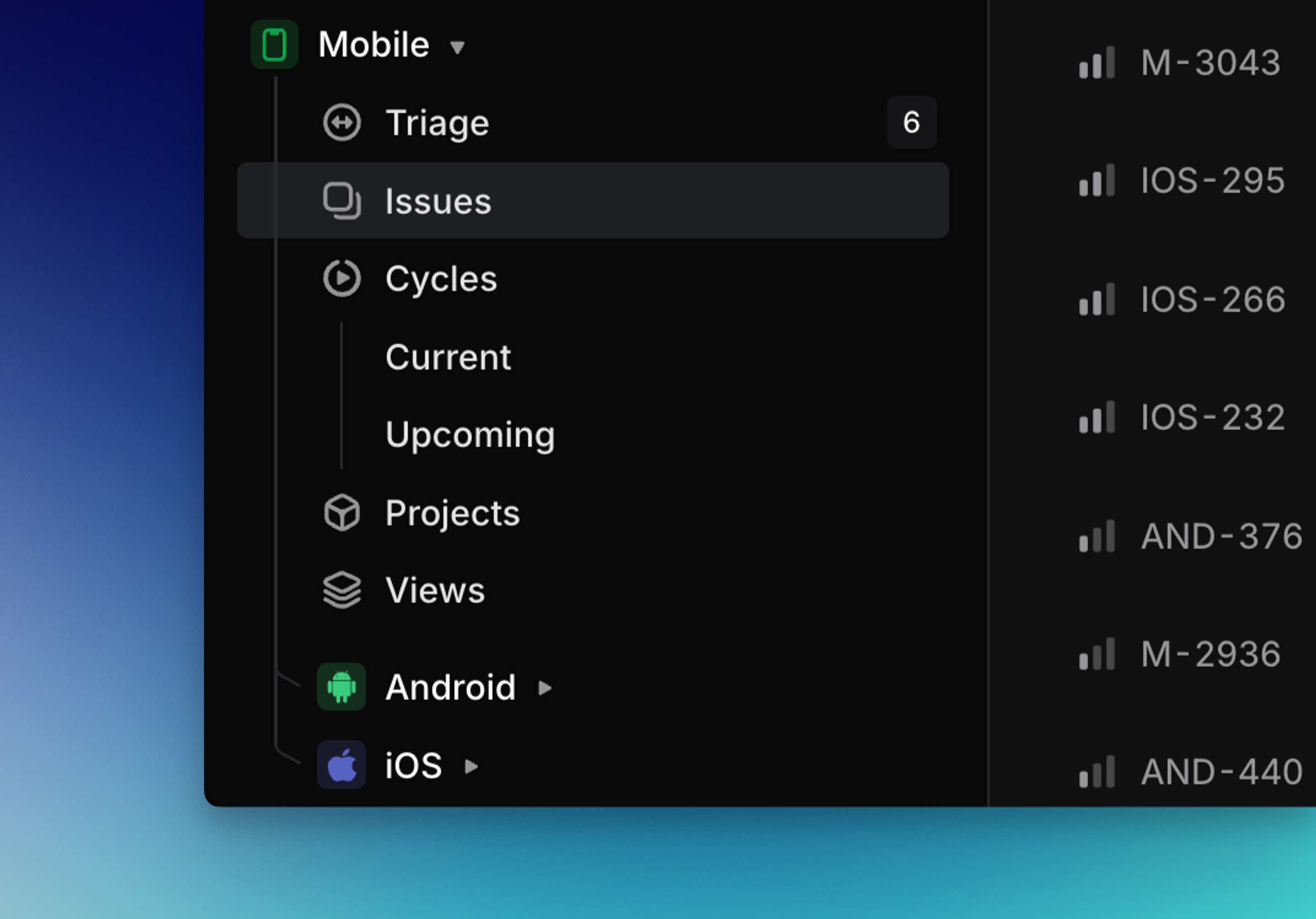 Shows a mobile parent team with nested ios and android teams in Linear's sidebar