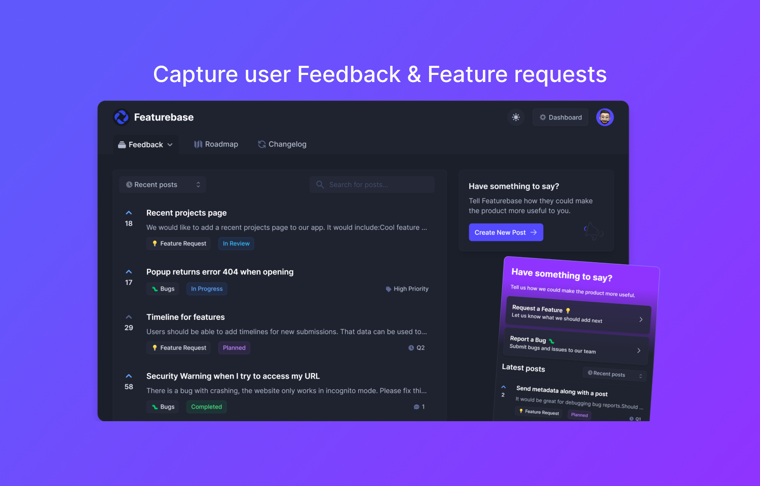 Featurebase interface showing feedback and feature requests