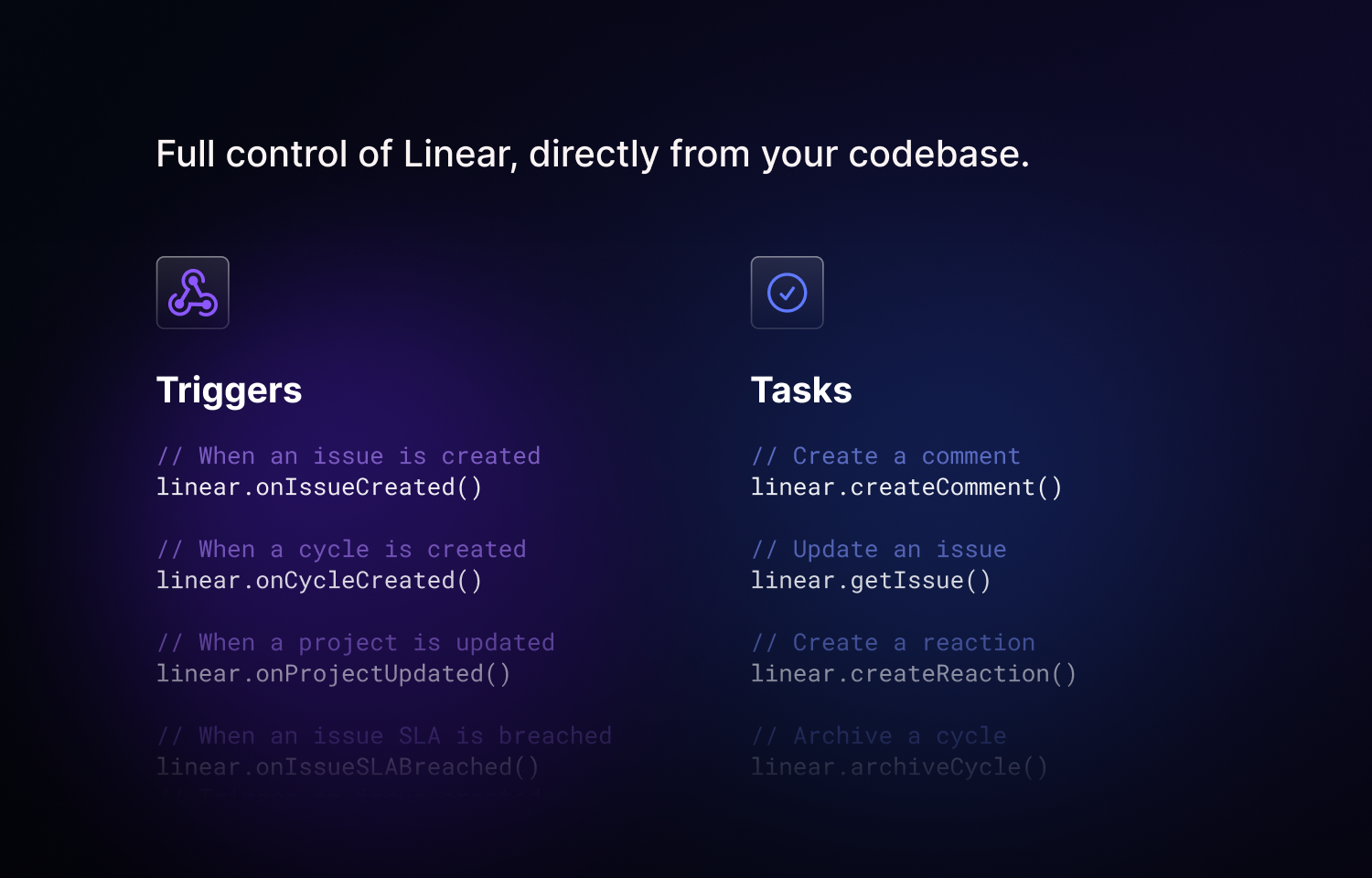 Full control of Linear, directly from your codebase.
