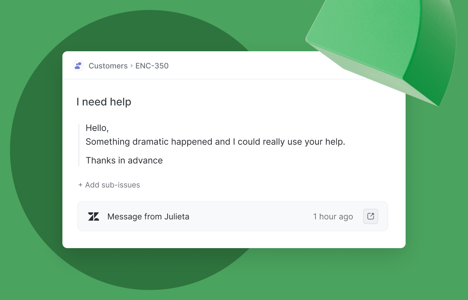 A Linear issue linked to Zendesk, showing the Zendesk ticket and quoted text from the customer