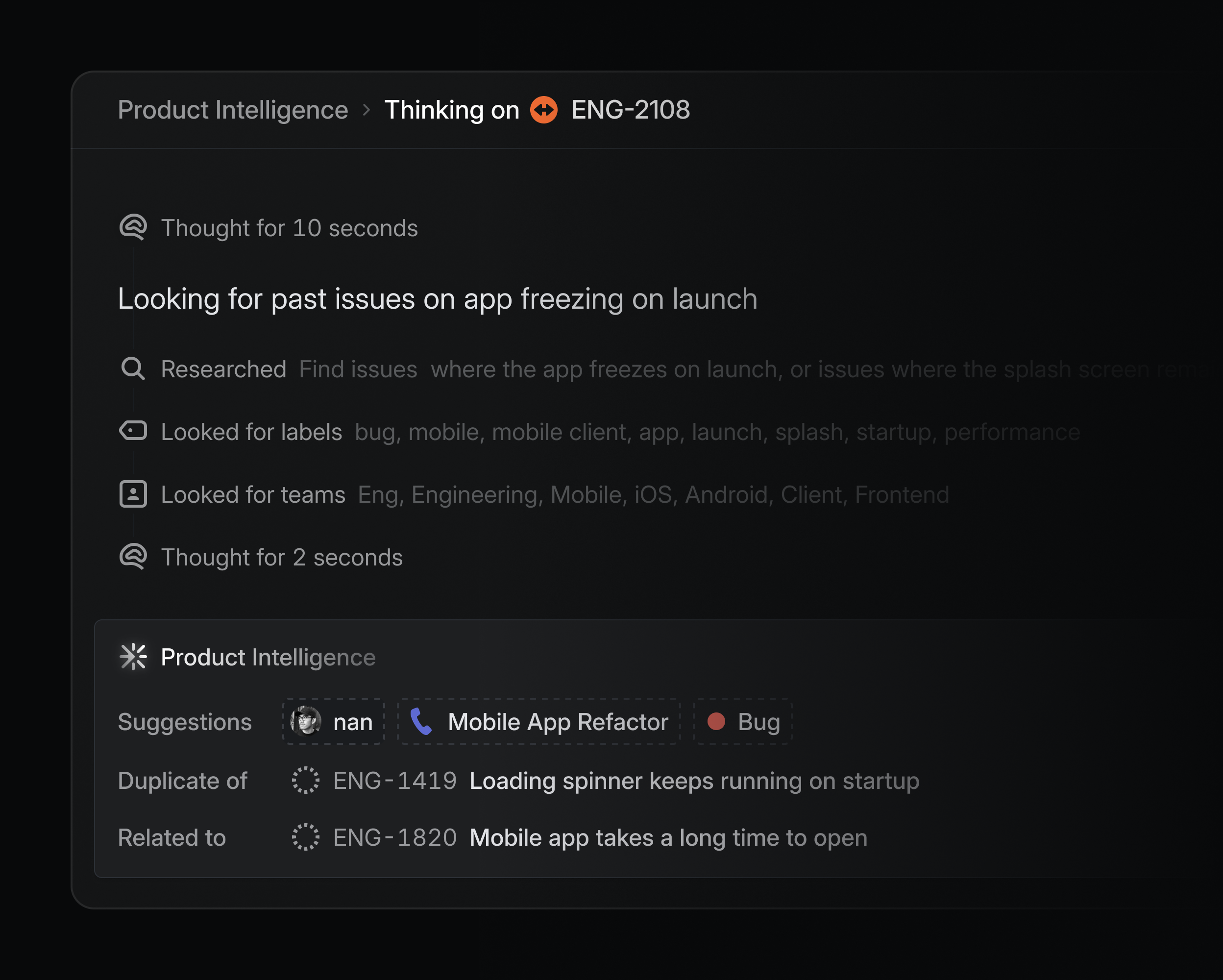 A screenshot of the Product Intelligence thinking panel.