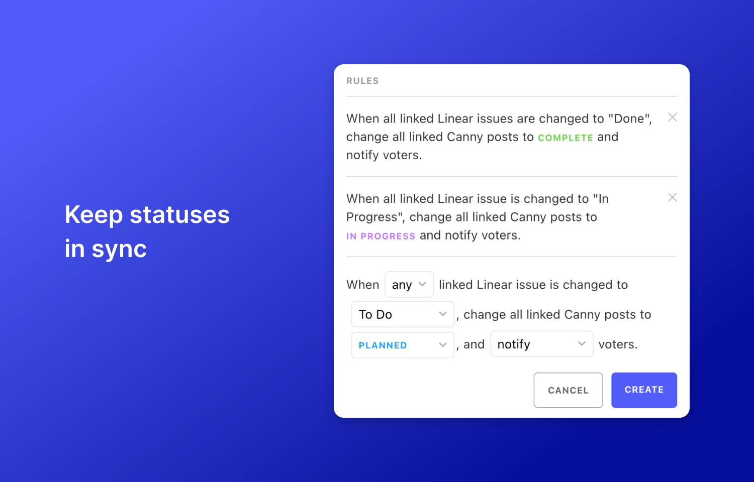 A screenshot of a workflow in Canny that matches Linear issue workflows to Canny updates, next to text that says, "Keep statuses in sync."