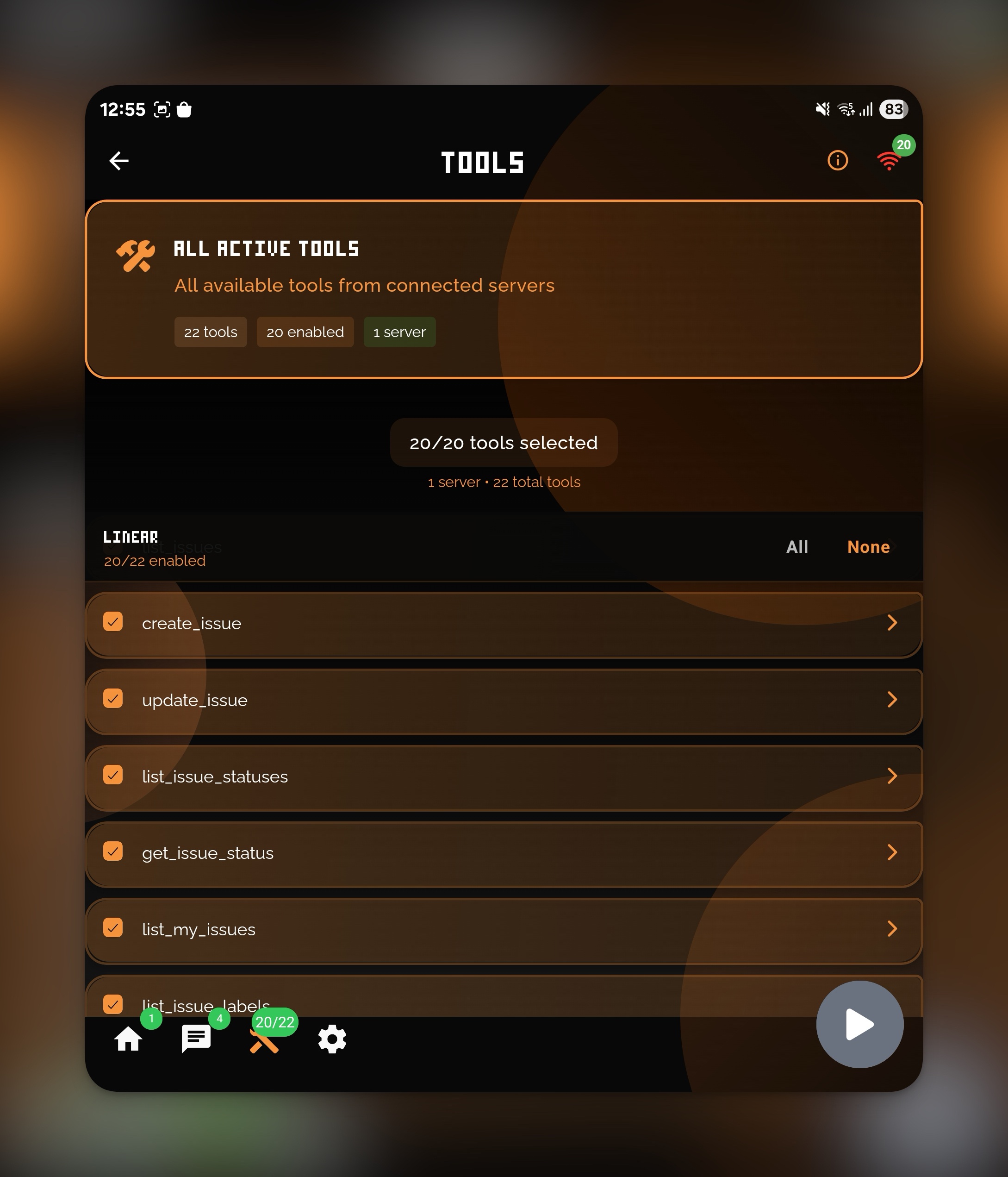 Tools screen showing 22 available tools from 1 server, with 20 tools enabled. The Linear section lists available API actions like create_issue and update_issue.
