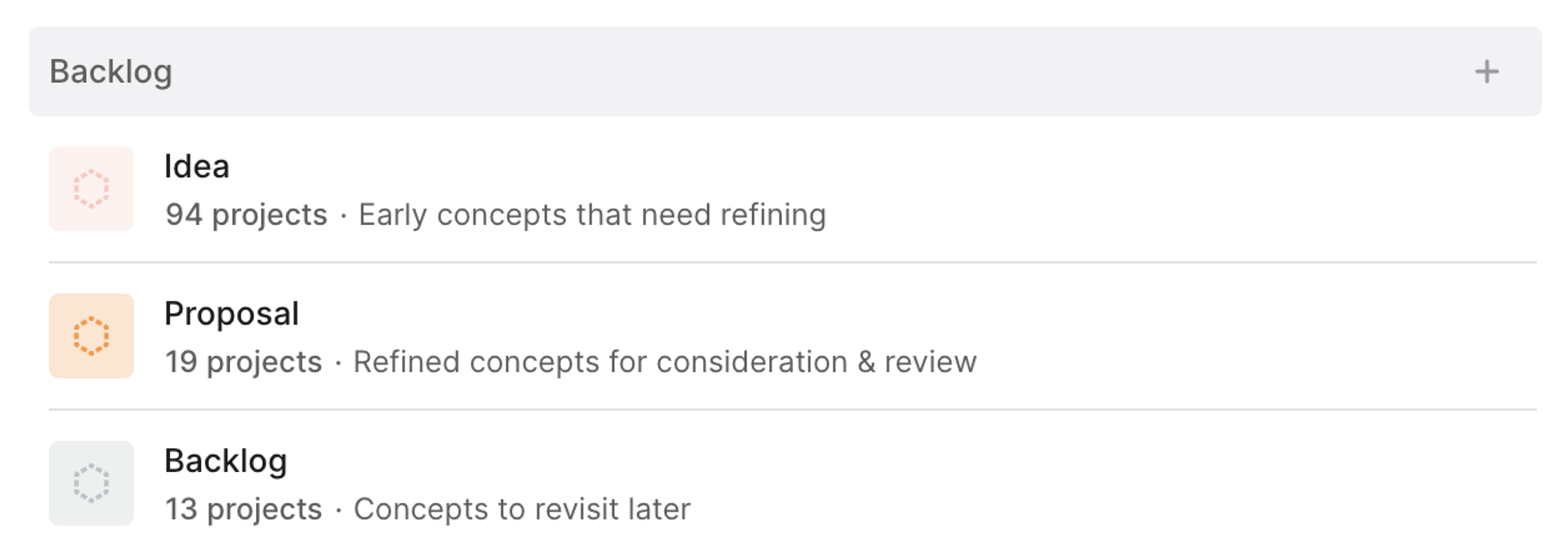 We use backlog statuses Idea, Proposal, and Backlog