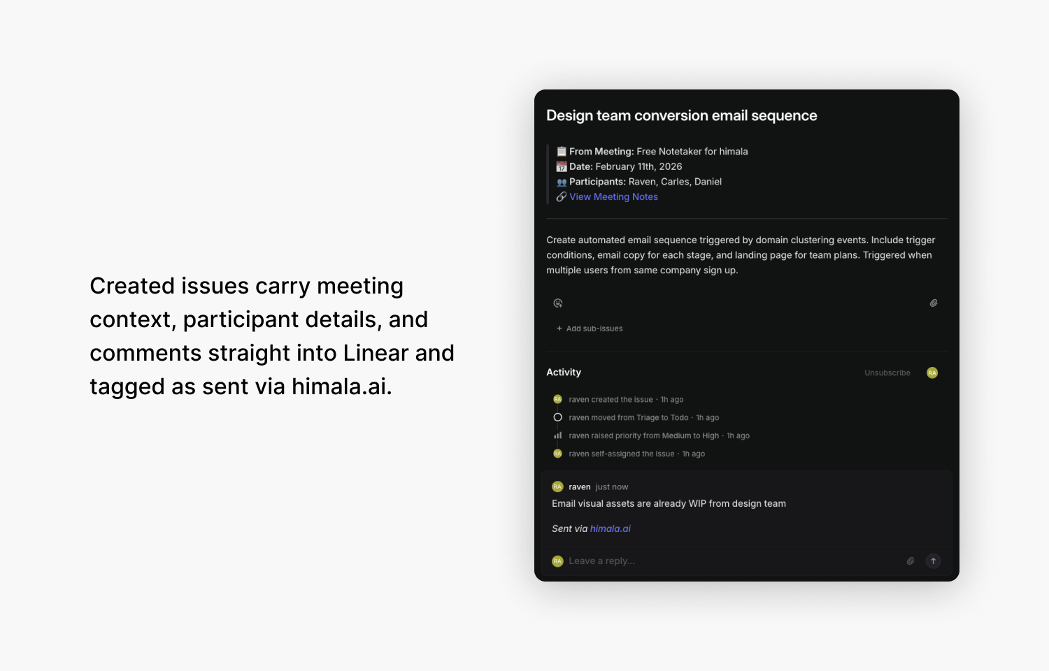 Created issues carry meeting context, participant details and comments into Linear
