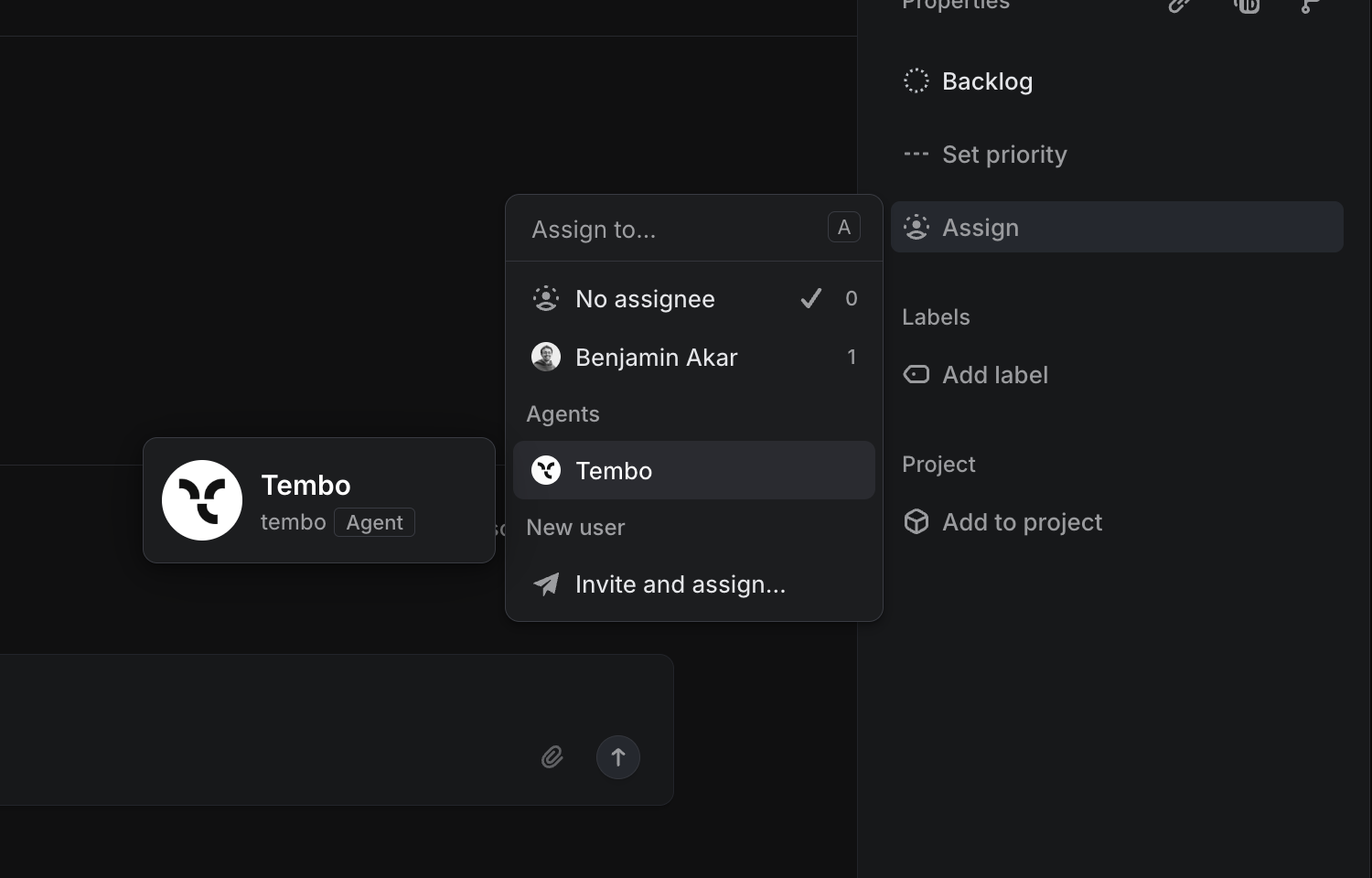 Selecting the Tembo agent in the assignee field in Linear