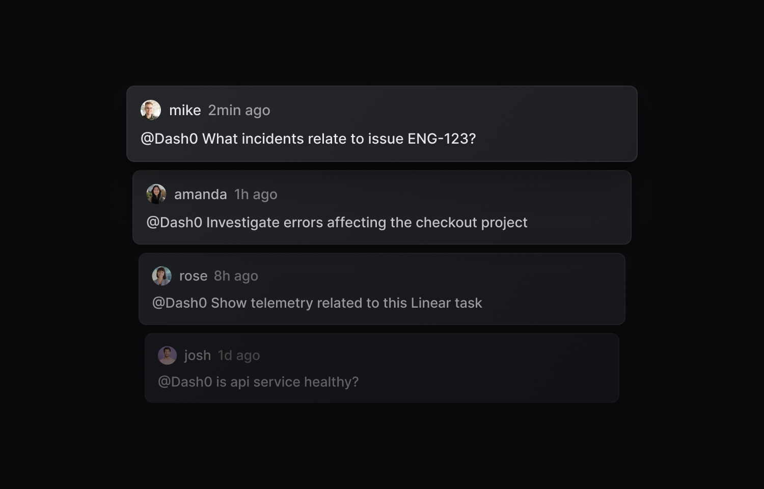mentioning the agent in dash0 to ask about Linear issues