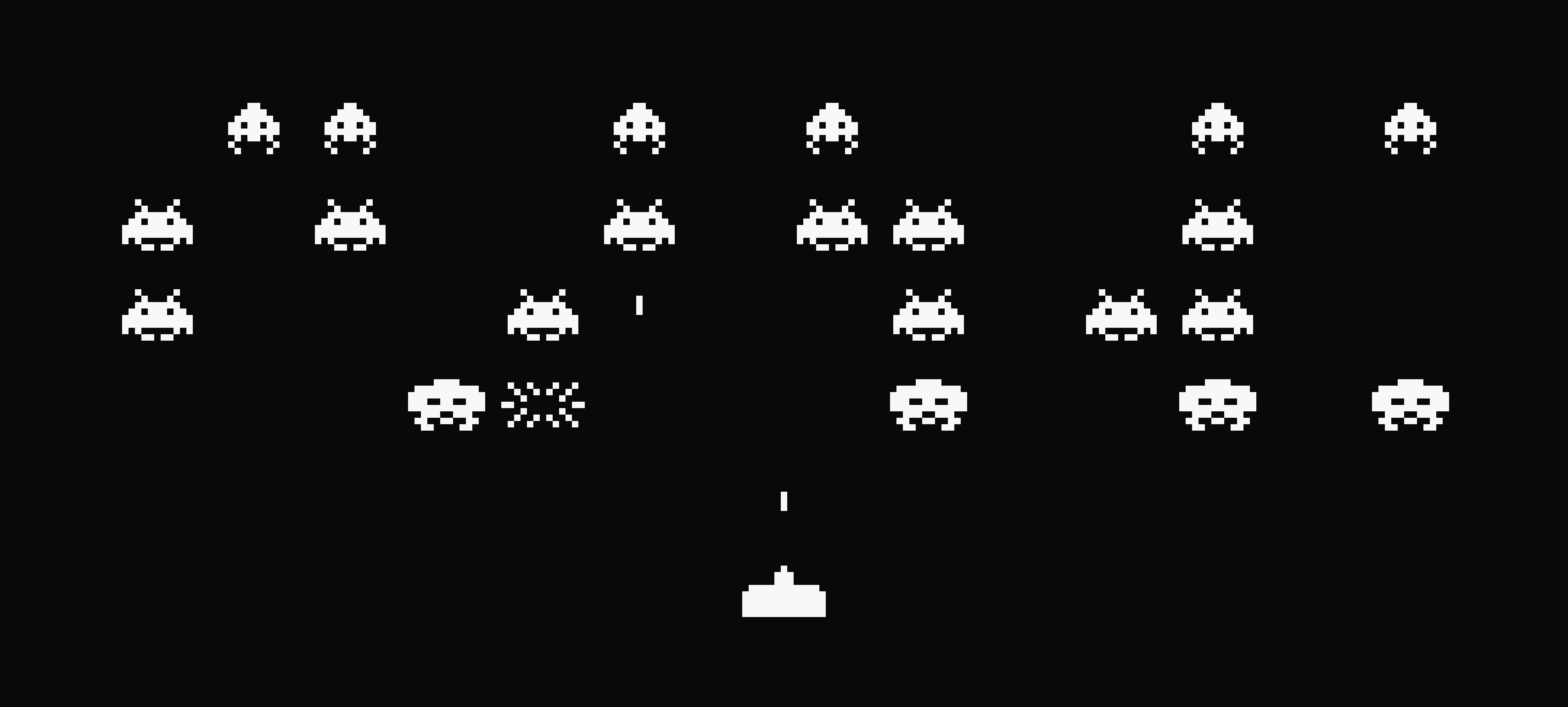 An old-school style rendering of an "asteroids" type game, conveying the idea of a little spaceship shooting bugs.