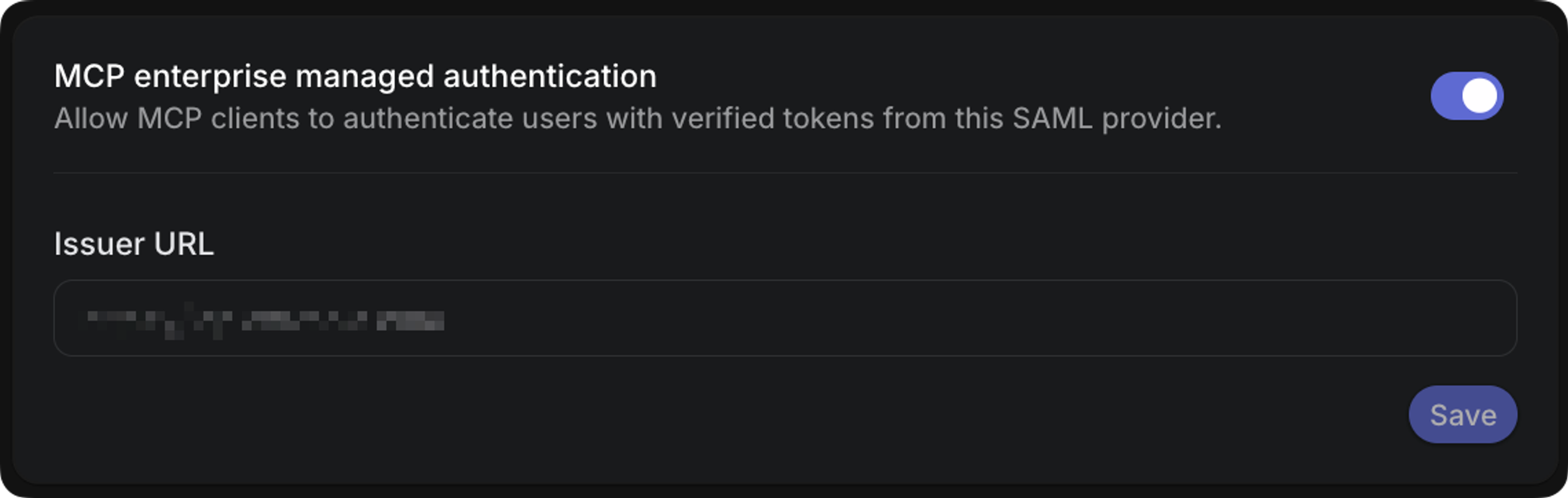 MCP Enterprise managed authentication settings located at the bottom of Okta Configuration Settings