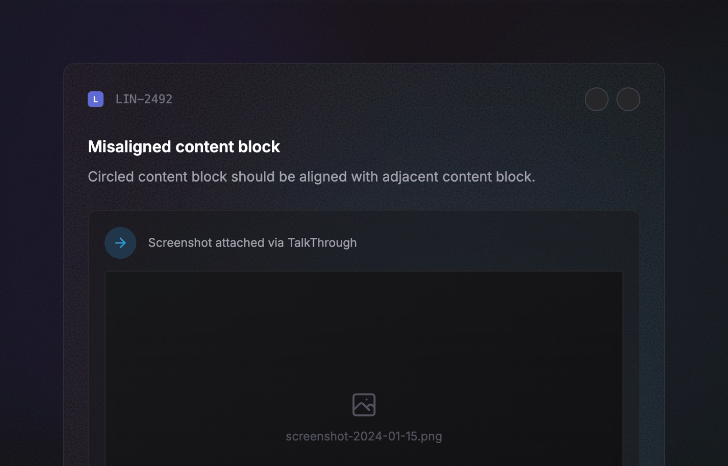 Bug report showing misaligned content block with attached screenshot
