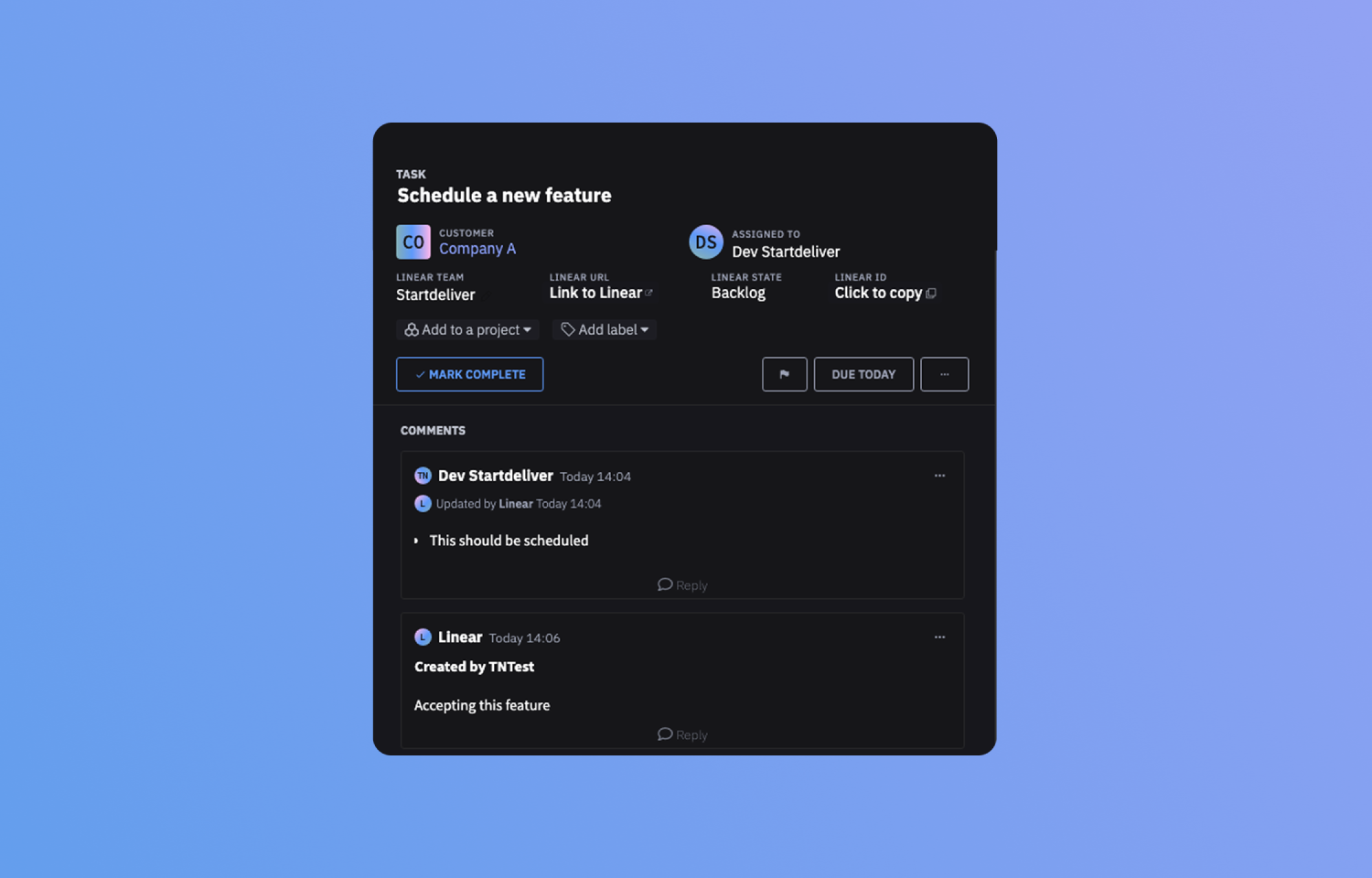Tasks and comments sync between Startdeliver and Linear in real-time