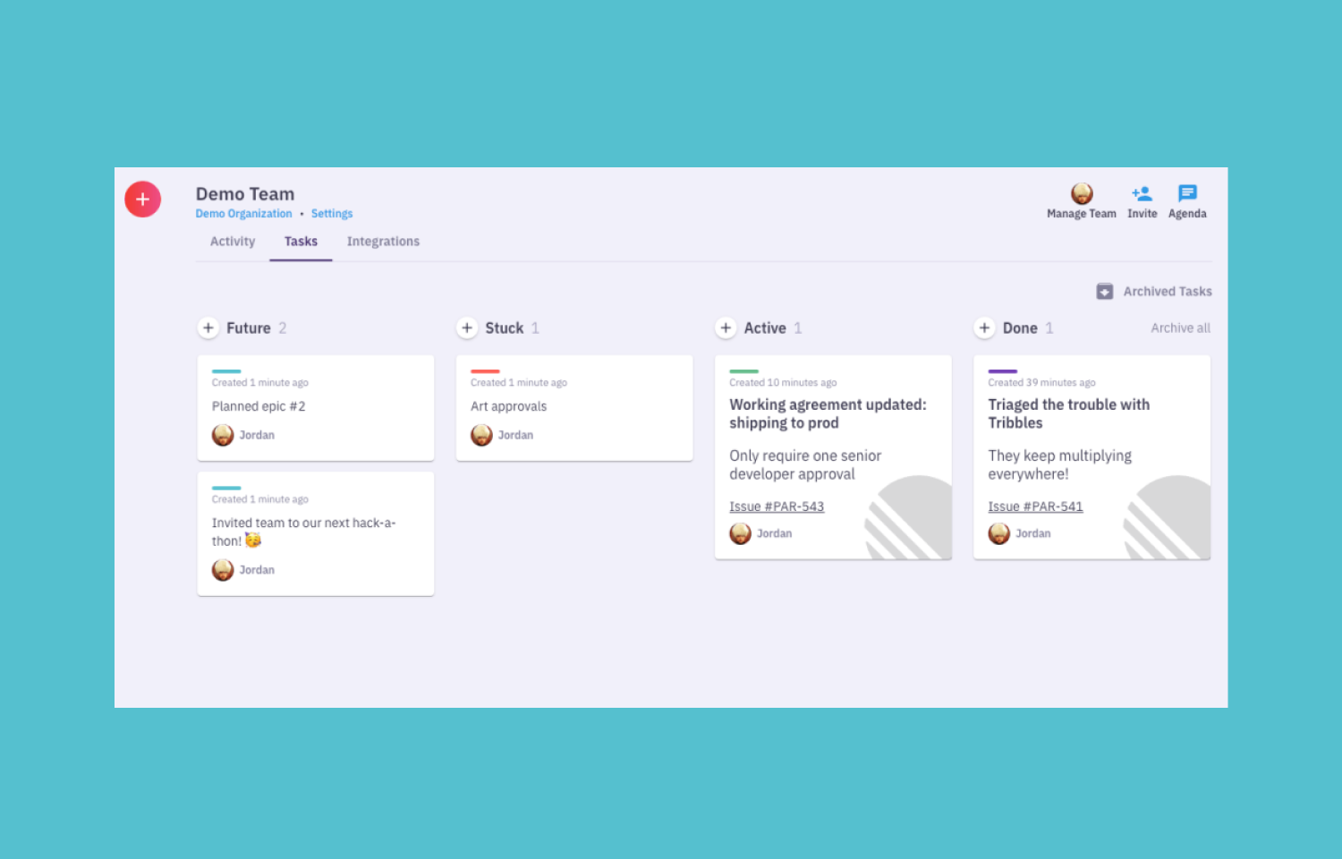 Parabol demo team showing Linear issues on a board