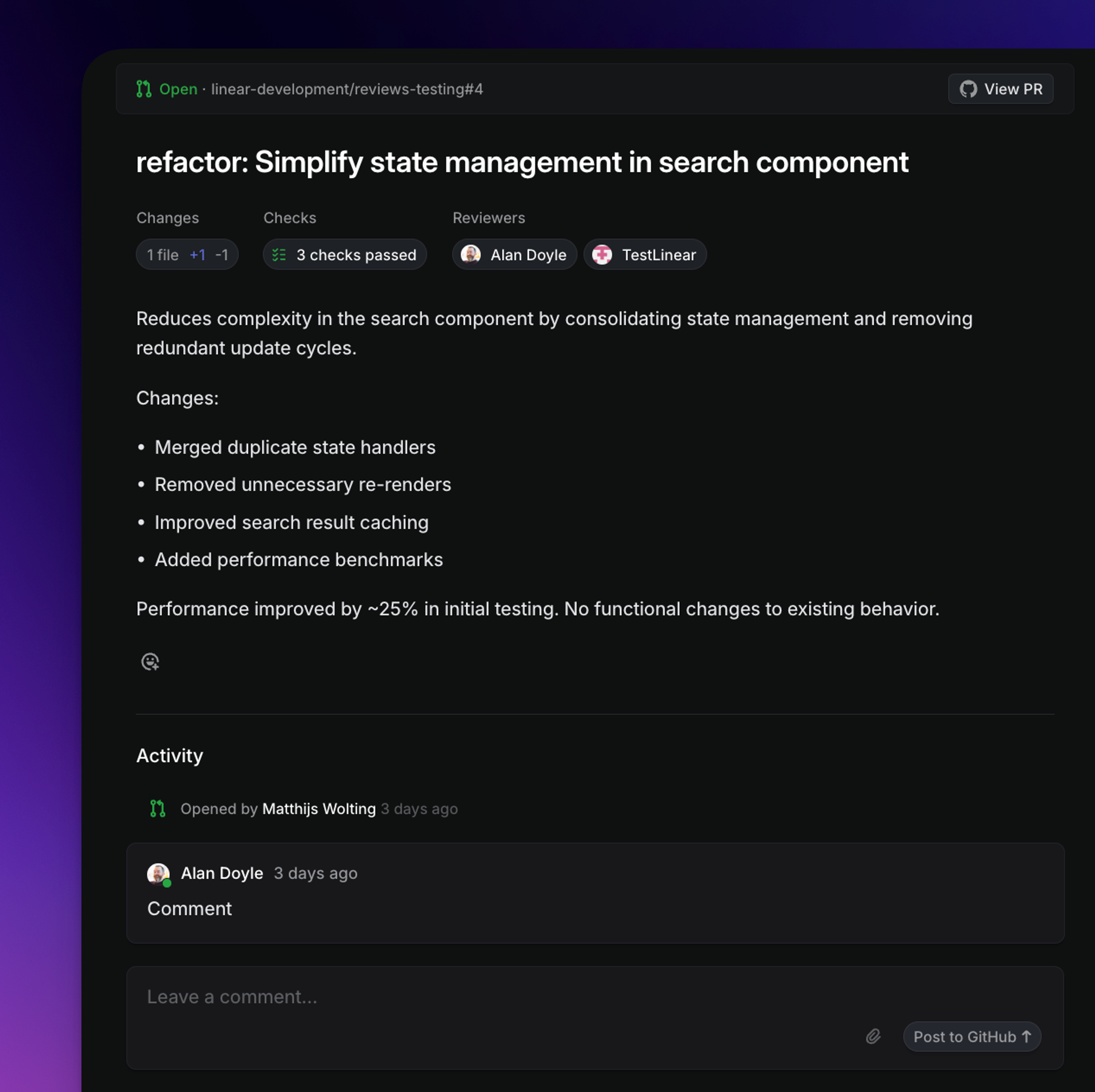 PR as shown in Linear detailing review status and comments