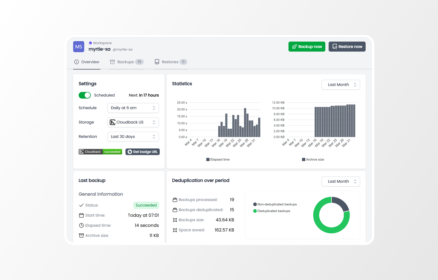 Manage backup settings, view backup and data deduplication statistics