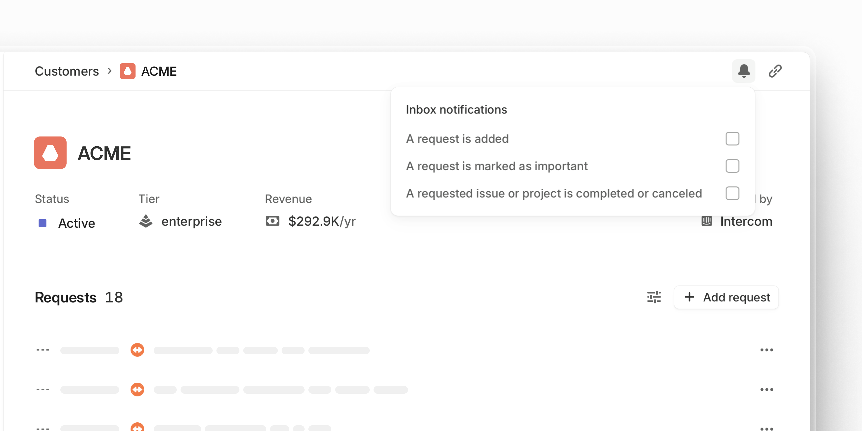 A customer page with the notification modal open, showing the three subscription options you can select