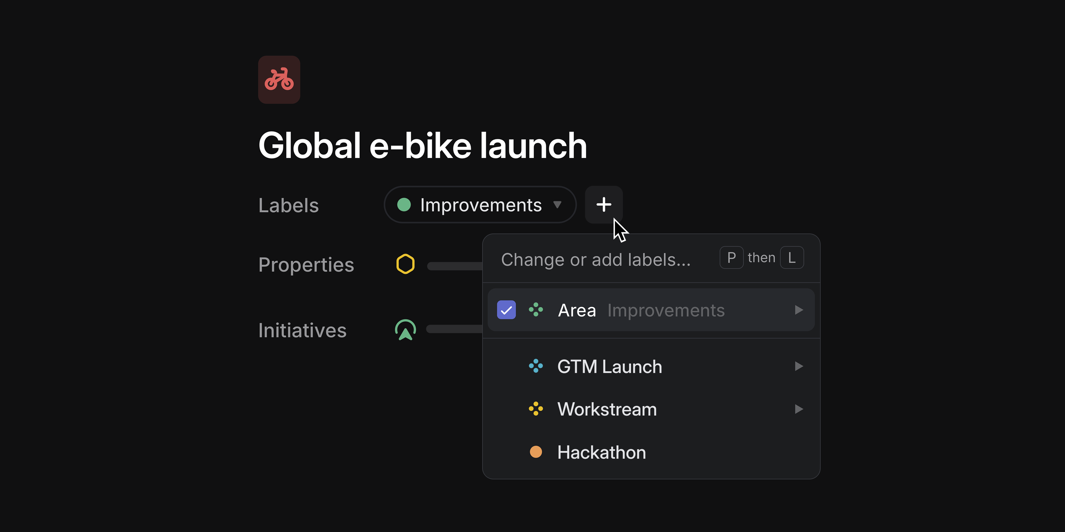 Shows user adding project labels to the Global e-bike launch project. They can select a label called Hackathon or apply a label from one of these label groups: launch tier, workstream