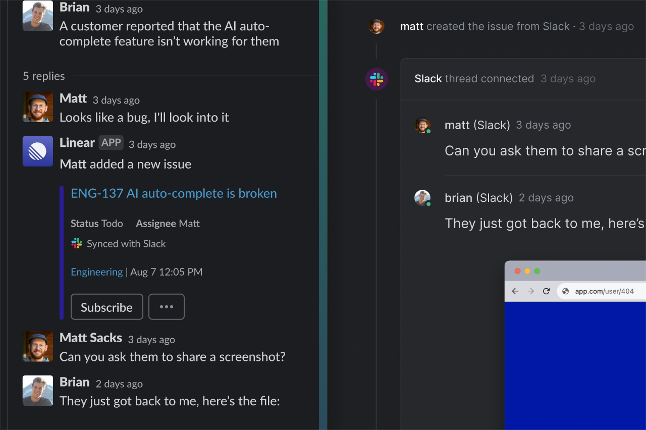 A screenshot of both the Slack app and the Linear app showing a thread that is synchronized across both apps